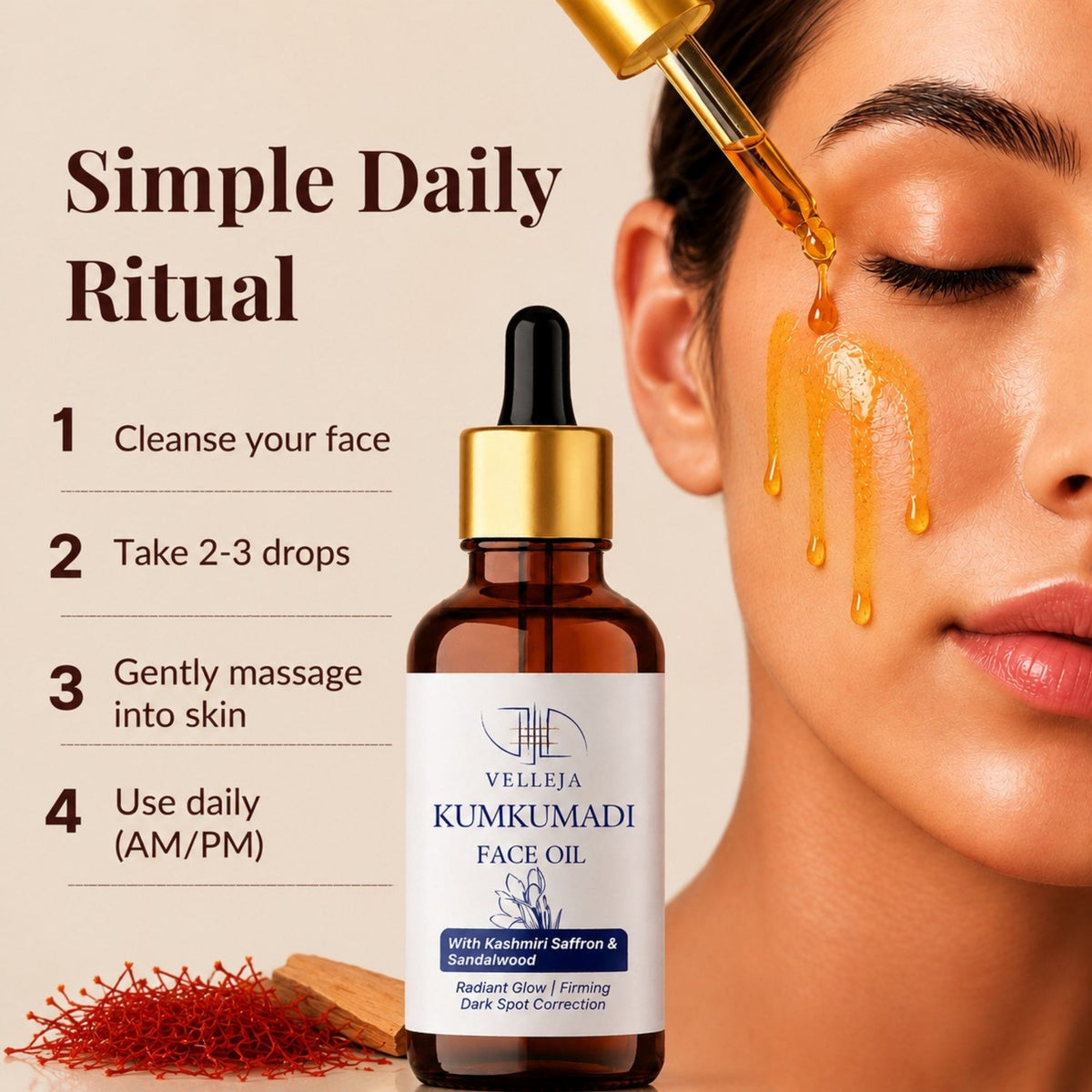 Velleja Kumkumadi Face Oil with Kashmiri Saffron & Sandalwood | Ayurvedic Anti Aging Face Serum for Brightening, Dark Spots & Pigmentation