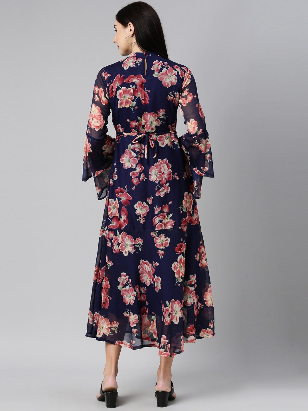 Souchii Navy Blue Floral Chiffon Midi Dress