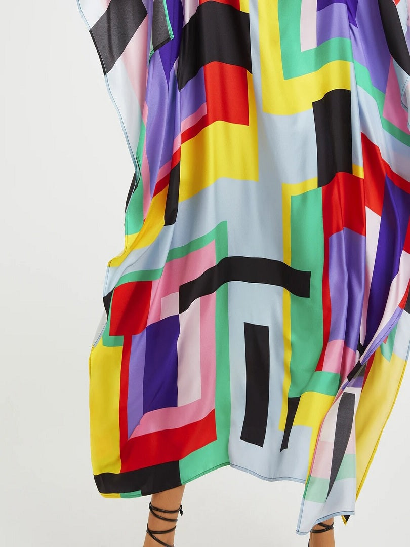 Multi Color Boat Neck Style Occasion Wear Printed Softy Silk Crepe Kaftan J5604