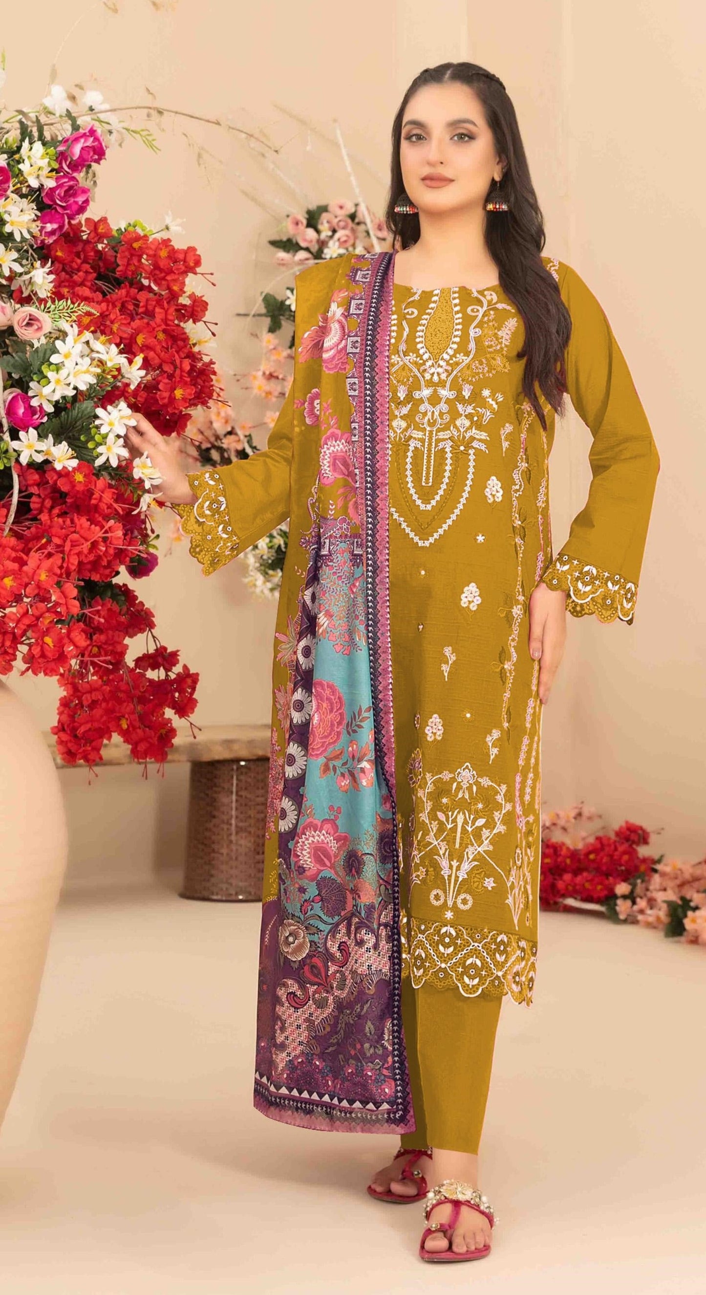 Anaita Yellow Cambric Cotton Suit With Embroidered & Khatli Work