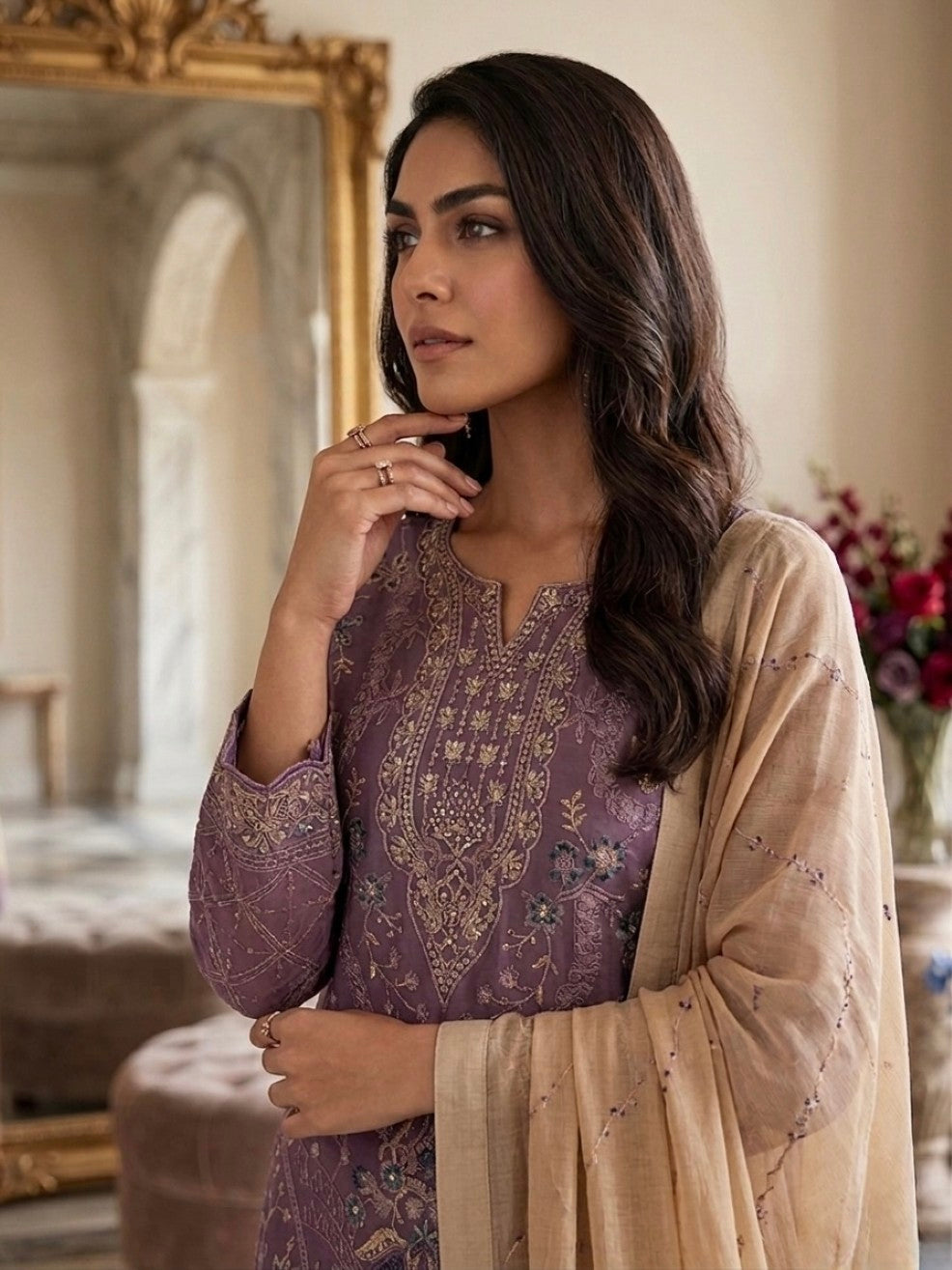 Anaita Purple Silk Suit with Embroidery & Khatli Work