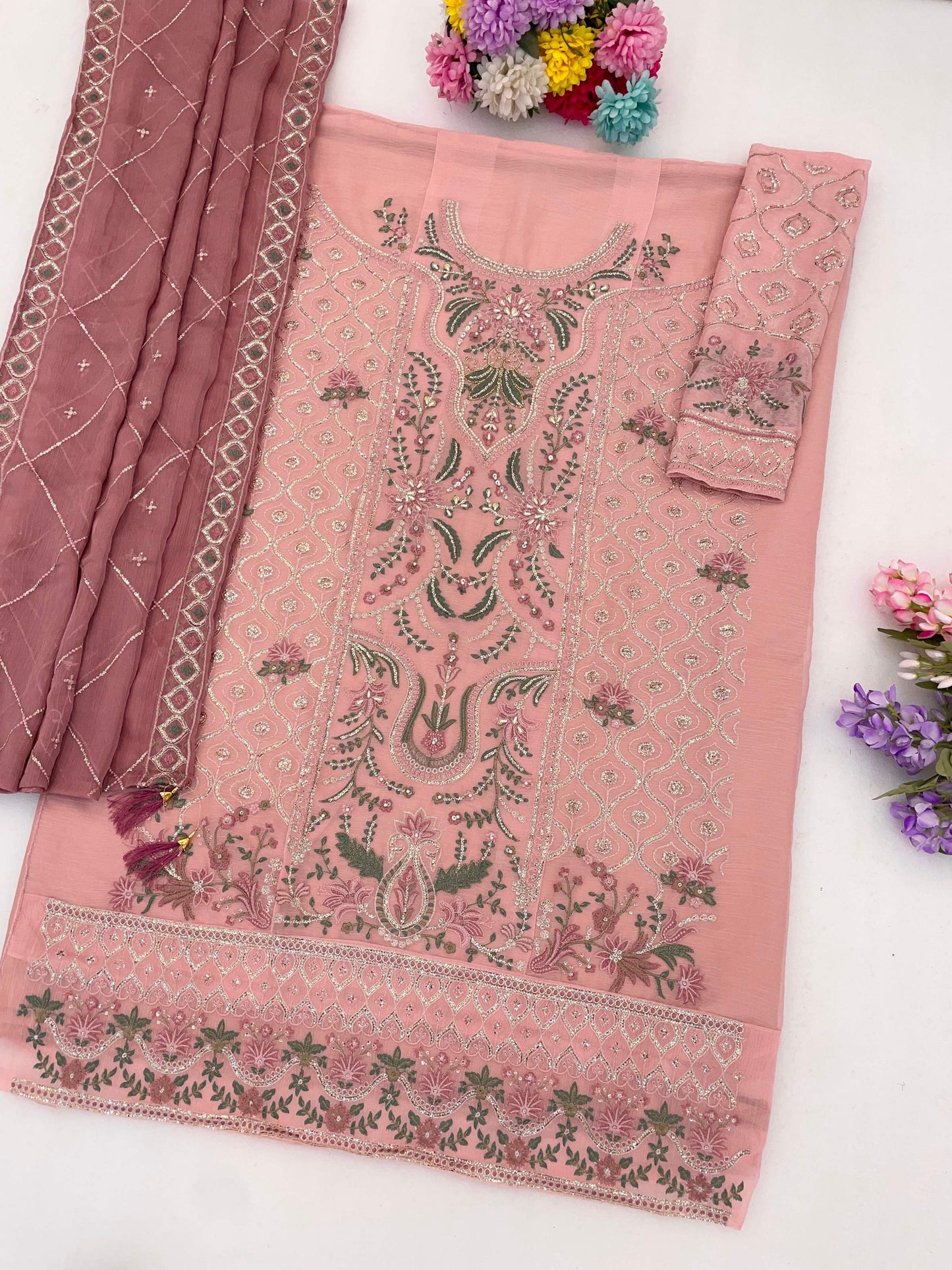 Anaita Peach Chiffon Semi Stitched Suit with Embroidery & Sequence Work