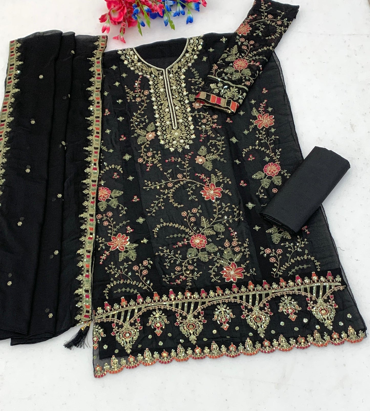 Anaita Black Chiffon Semi Stitched Suit with Embroidery & Sequence Work