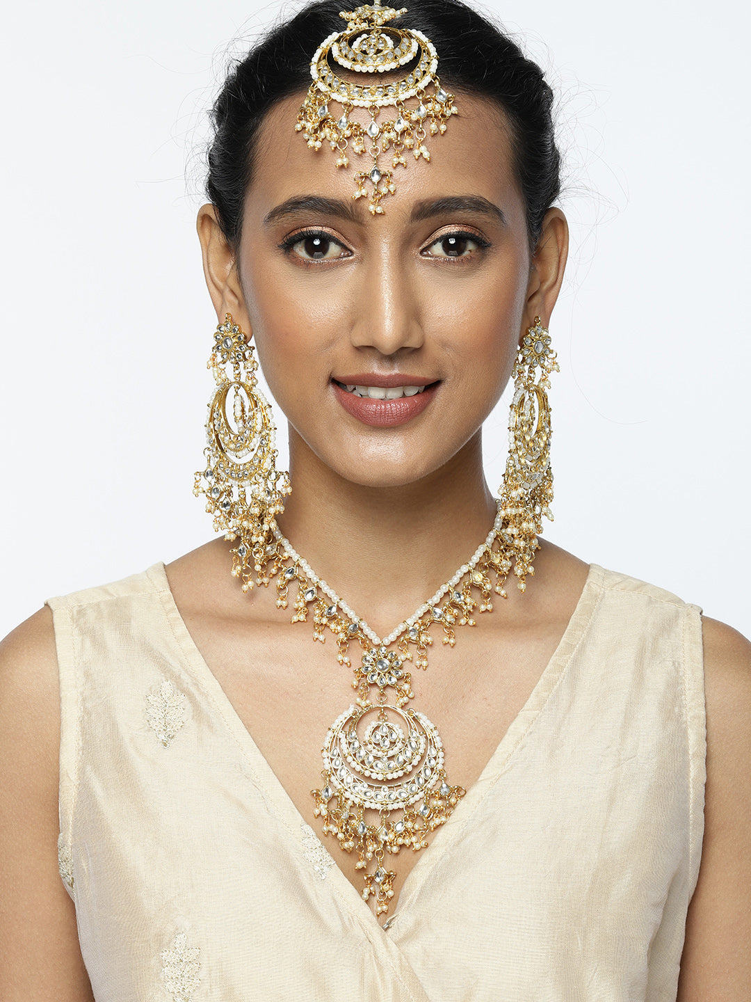Zaveri Pearls Gold-Toned Kundan & Pearls Studded Rani Haar Jewellery Set