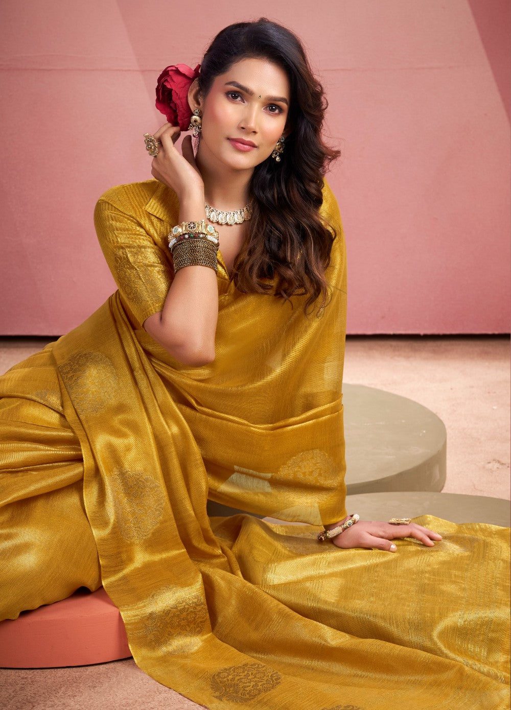 Anaita Mustard Silk Tissue Zari Weaving Work Saree With Blouse Piece