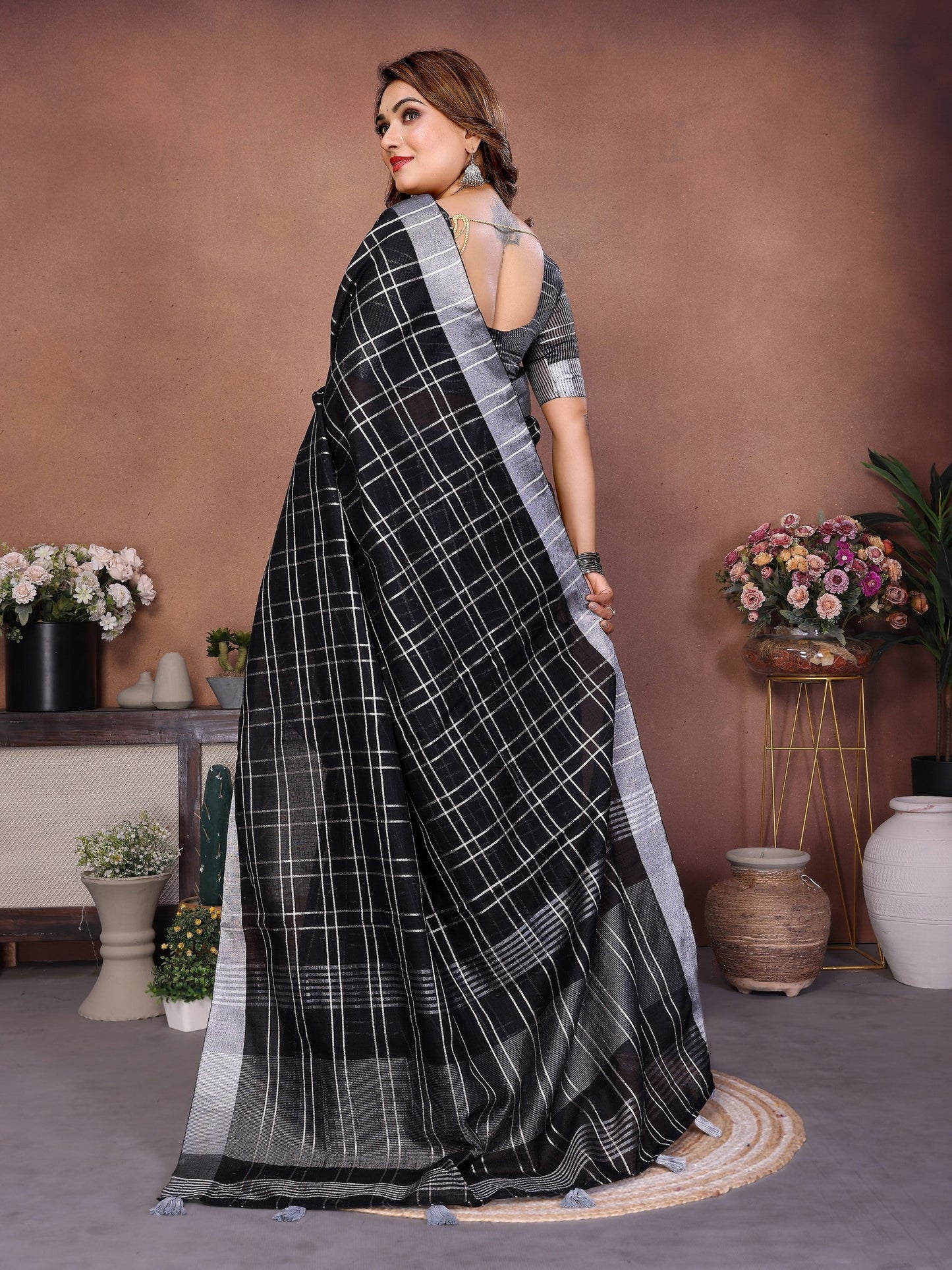Anaita Black Weaving Linen Cotton Saree With Blouse