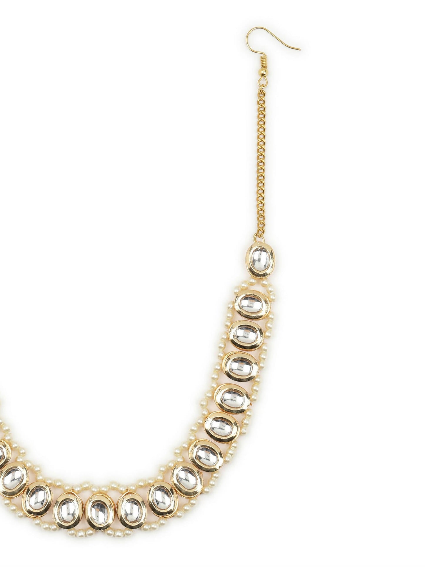 Gold-Polished White Kundan-Studded Pearl Beaded Hair Band - Ruby Raang