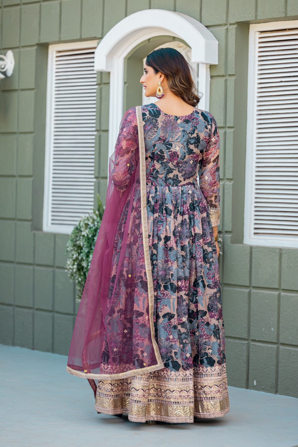 Anaita Grey Tabby Silk Stitched Anarkali Suit With Thread & Sequence Work