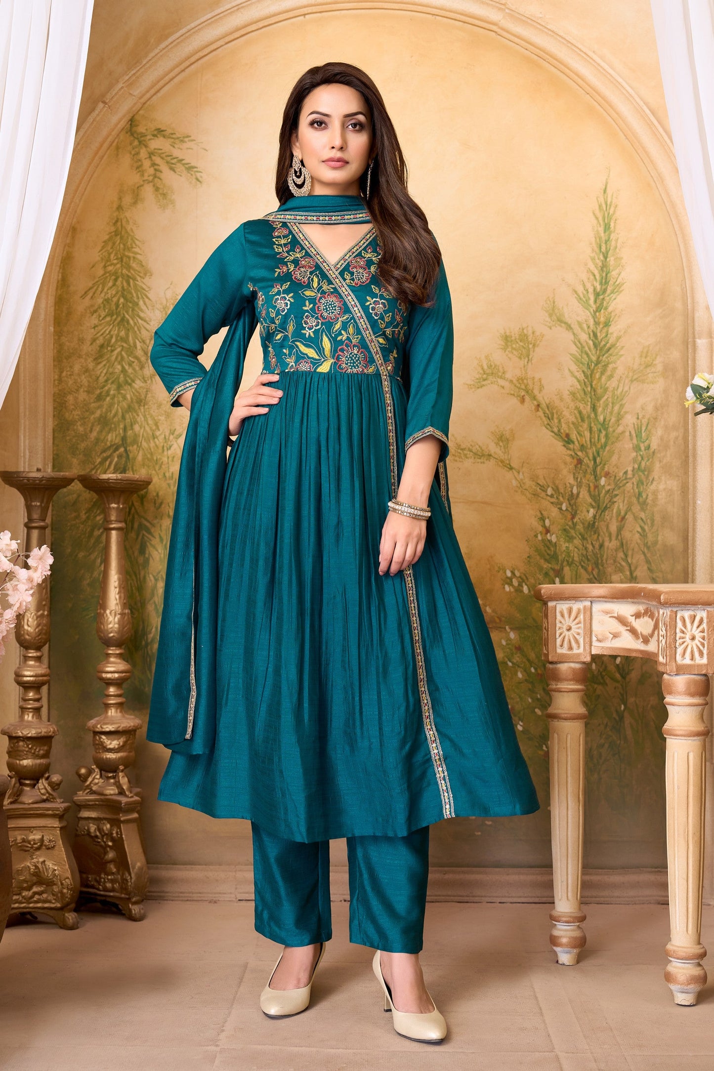 Anaita Teal Anarkali Readymade Suit with Embroidery Work