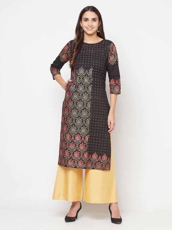 Aniyah Black Color Cotton Block Print Straight Kurta