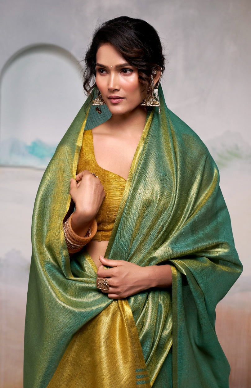 Anaita Green Handloom Tissue Silk Self Woven Plain Saree