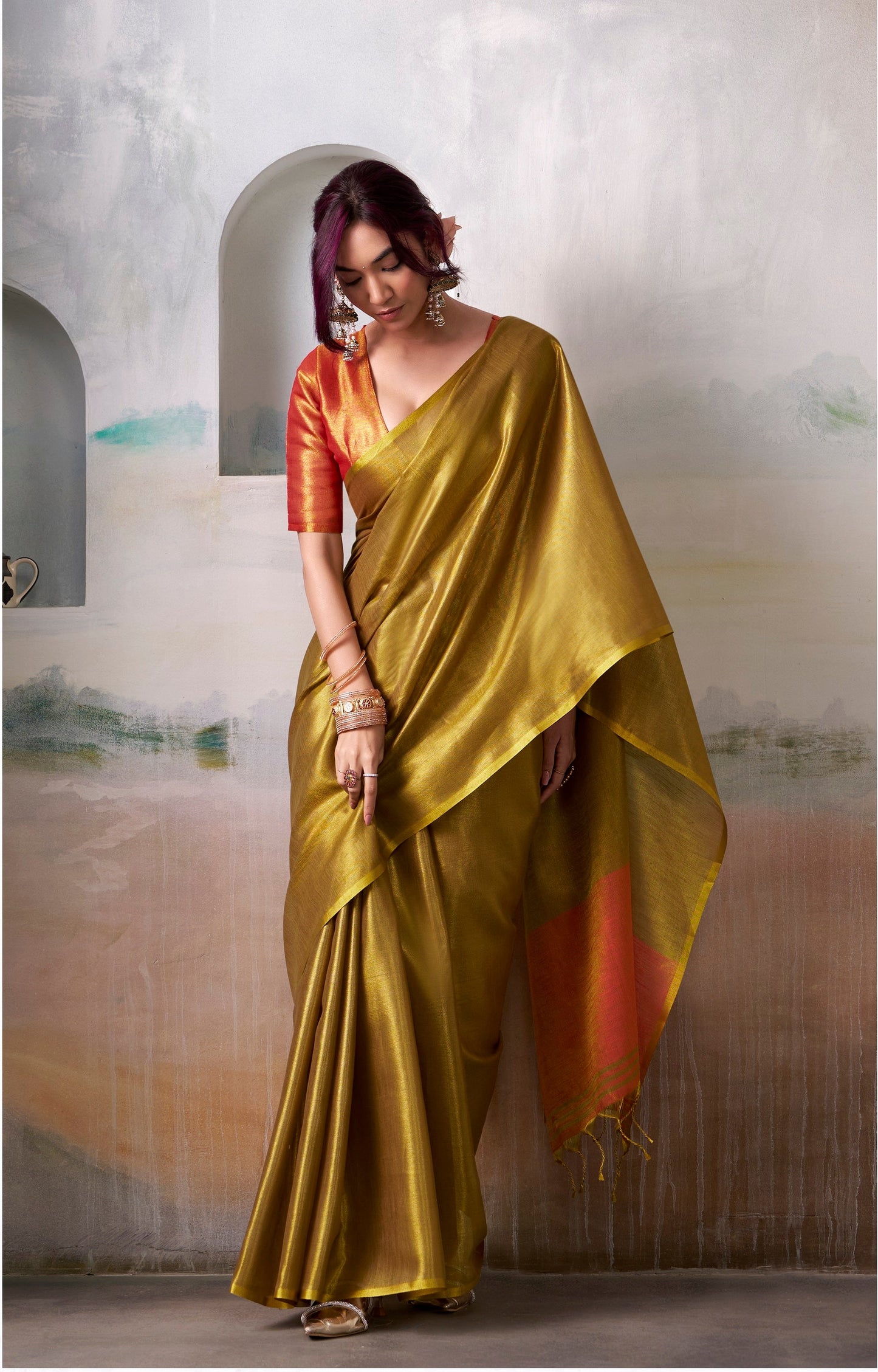 Anaita Pink Gold Handloom Tissue Silk Self Woven Plain Saree