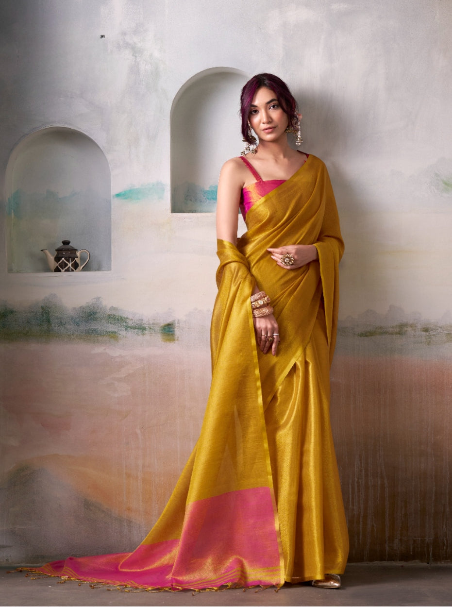 Anaita Yellow Handloom Tissue Silk Self Woven Plain Saree
