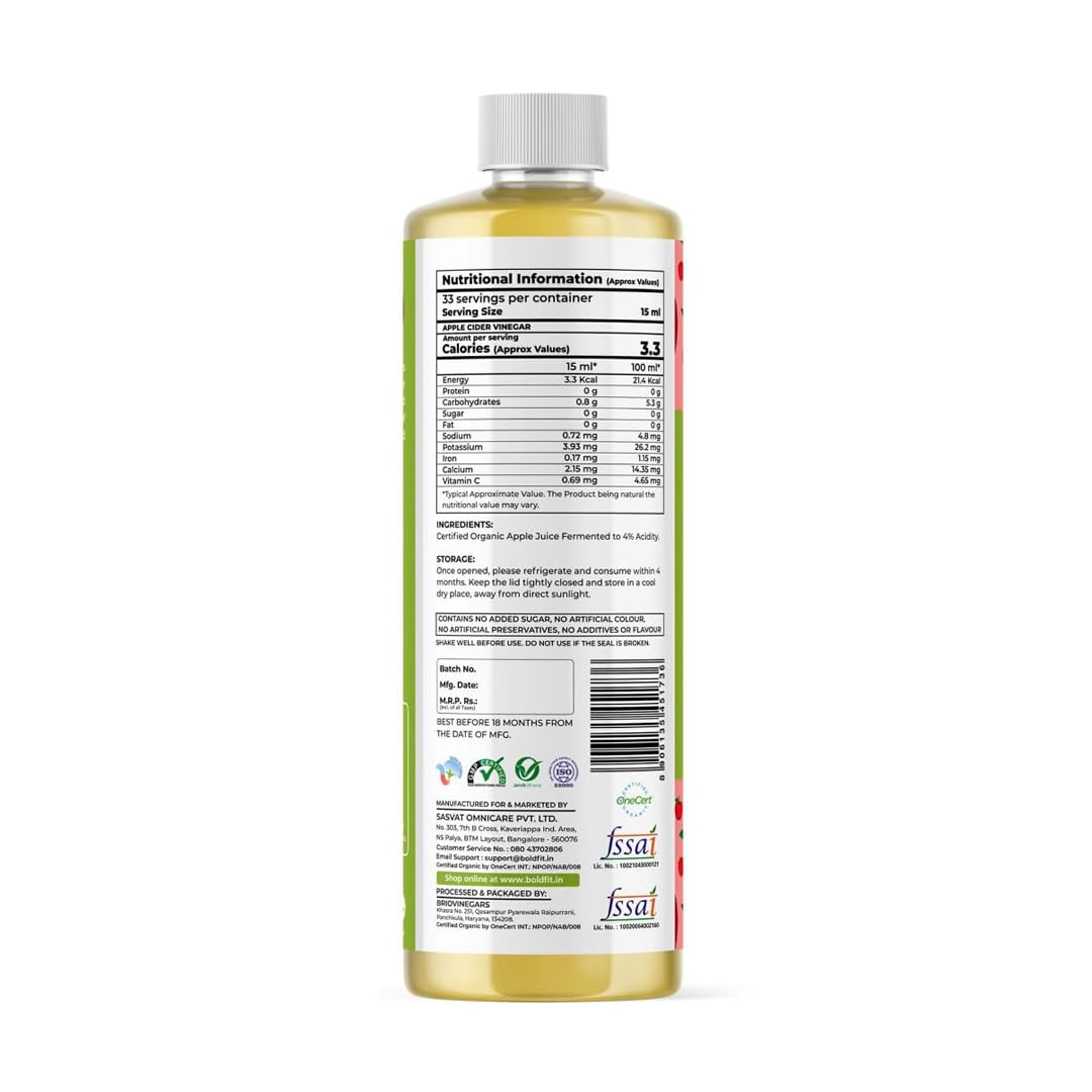 Boldfit Organic Apple Cider Vinegar with Mother Juice Raw, Unfiltered, Unpasteurized ACV Juice for Weight Loss, Digestion, Gut Health, Bloating, Hair and Skin Care- 1L