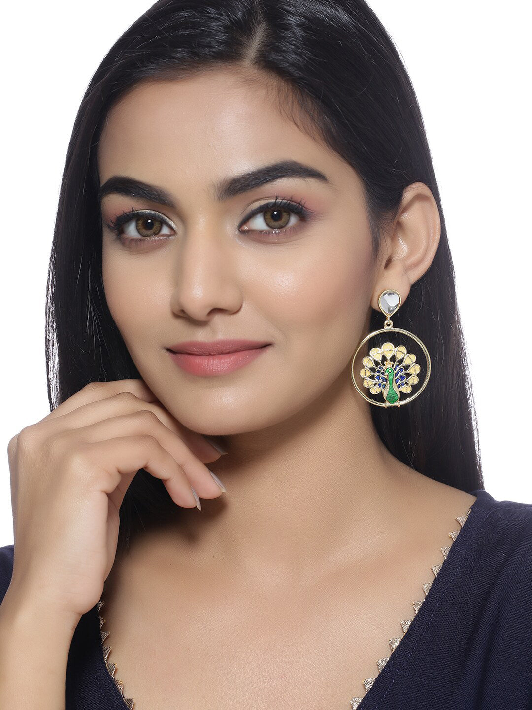 Shoshaa Green Peacock Shaped Drop Earrings