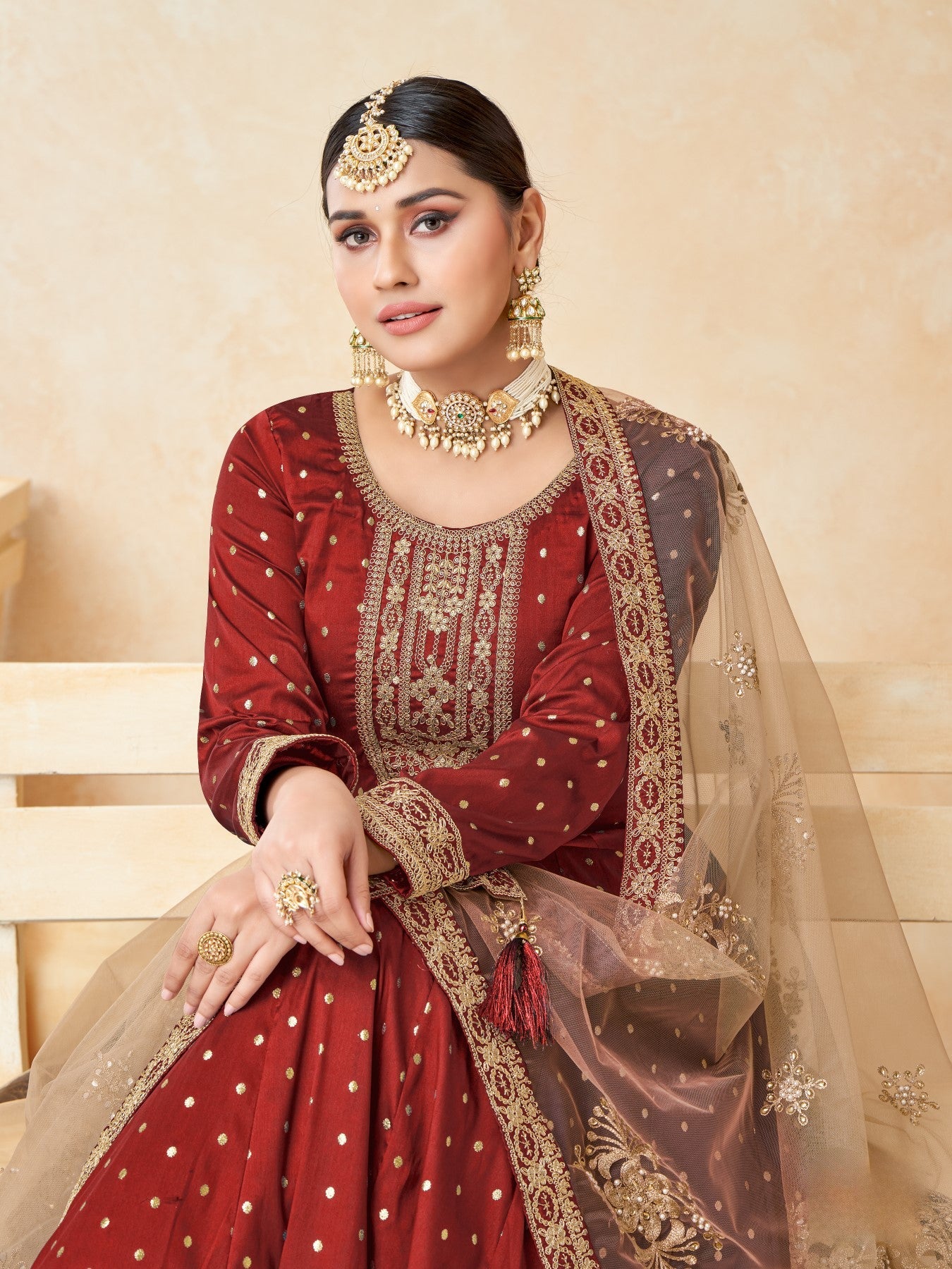 Anaita Maroon Embroidered Tapeta Silk Anarkali Suit