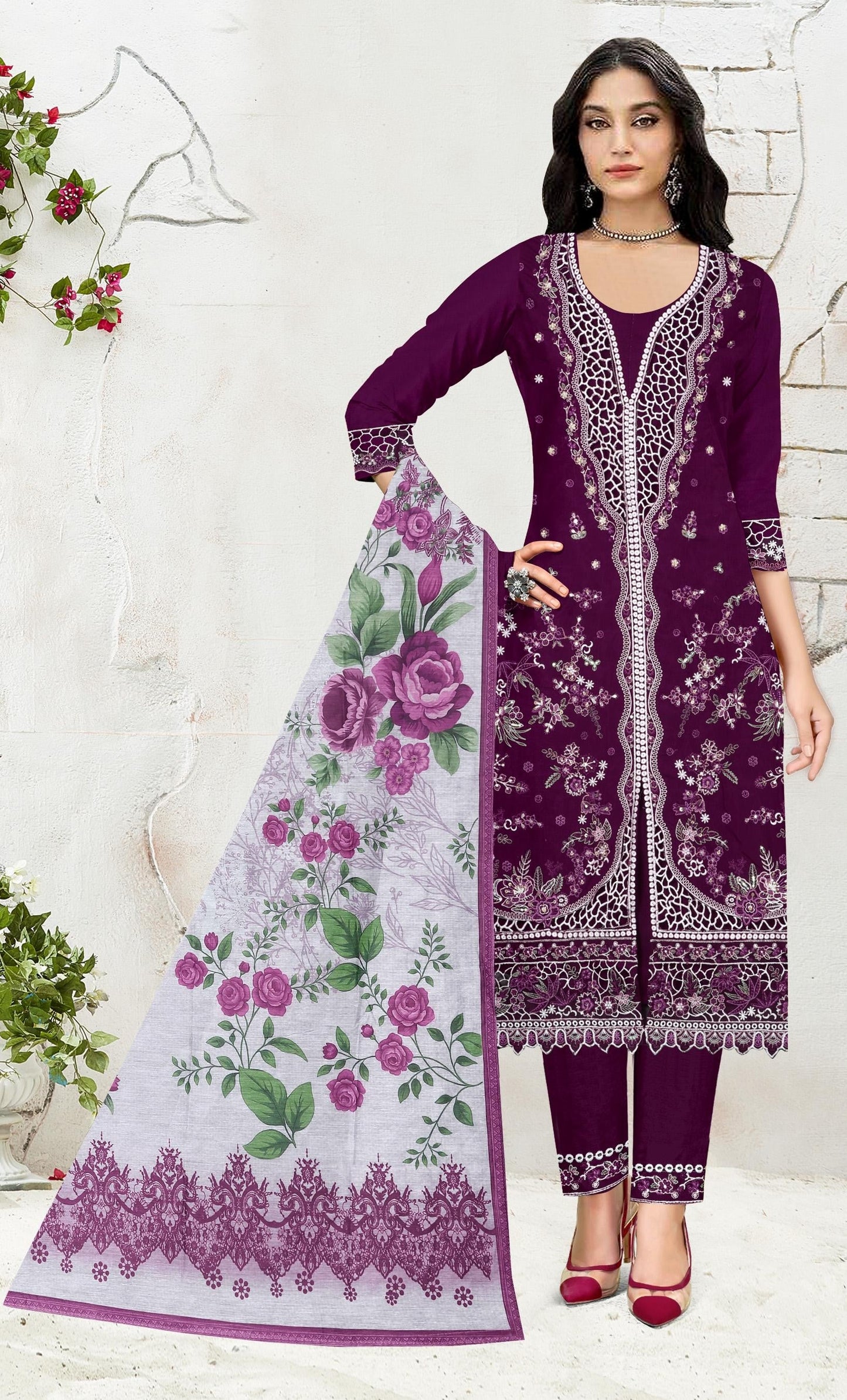 Anaita Purple Slub Cotton Suit with Embroidered Multi Work