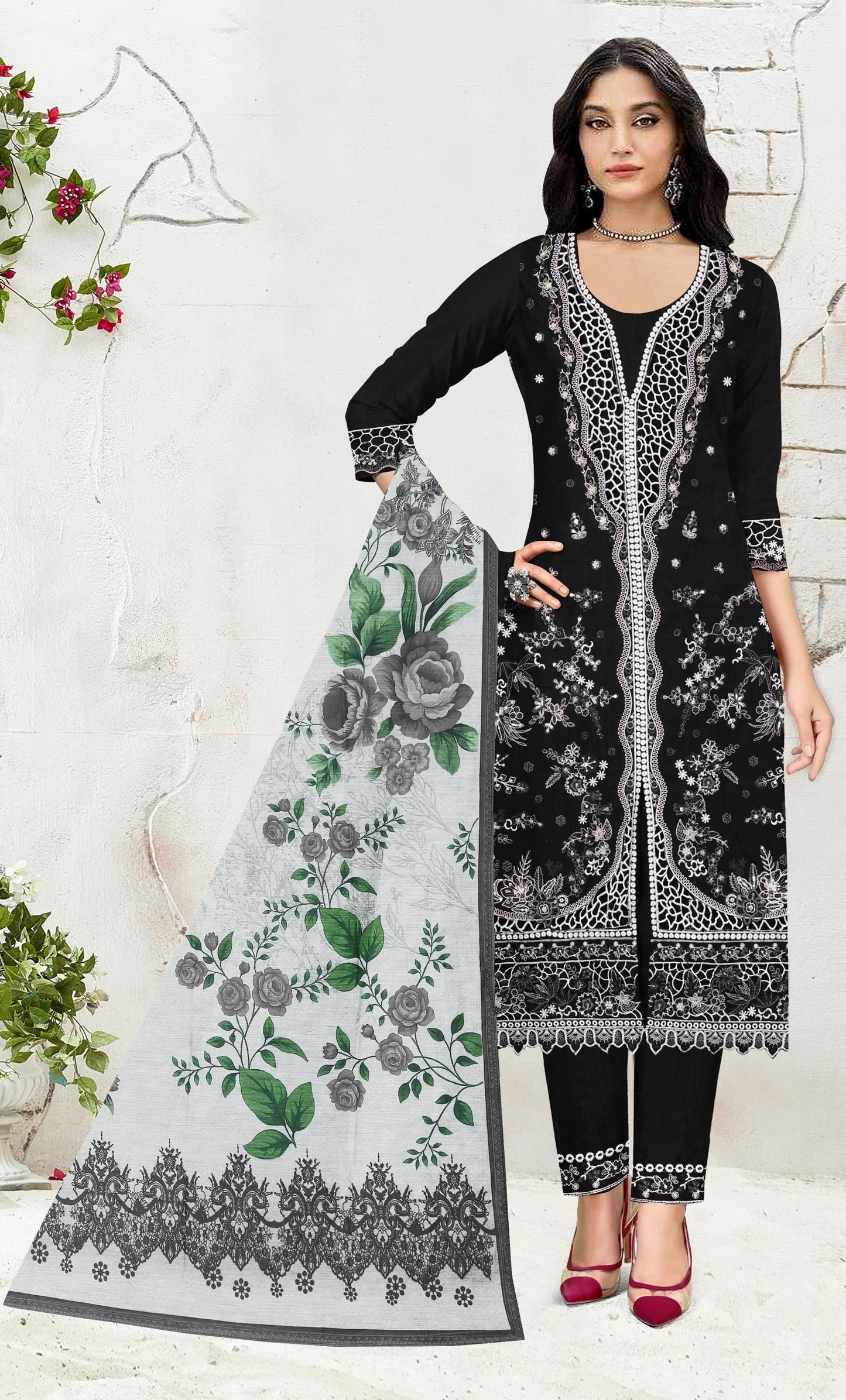 Anaita Black Slub Cotton Suit with Embroidered Multi Work
