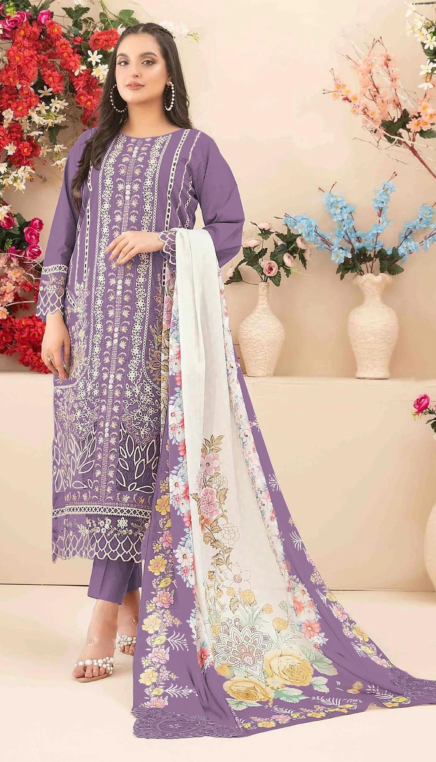 Anaita Purple Cambric Cotton Suit with Embroidery & Khatli Work