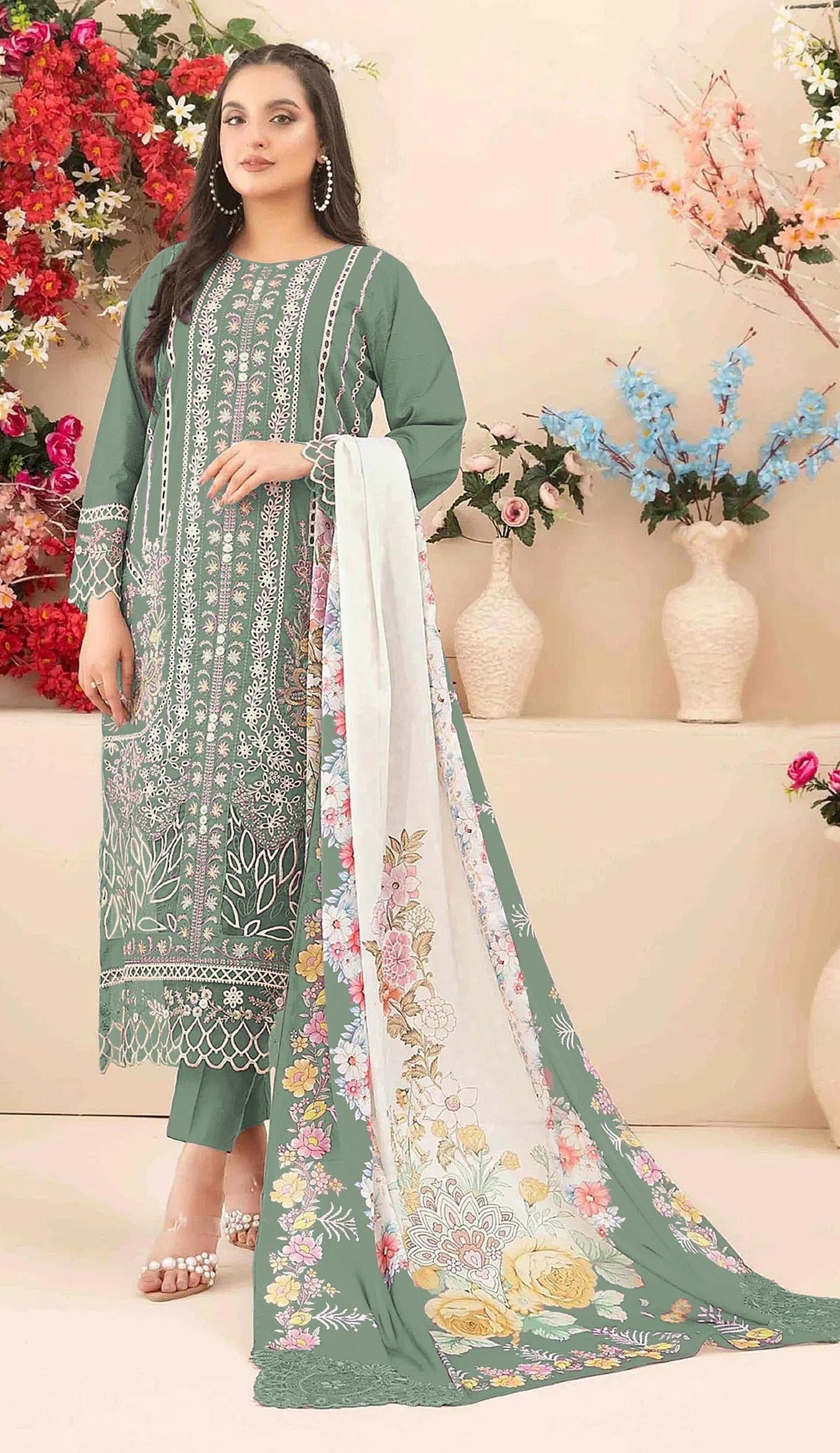 Anaita Sea Green Cambric Cotton Suit with Embroidery & Khatli Work