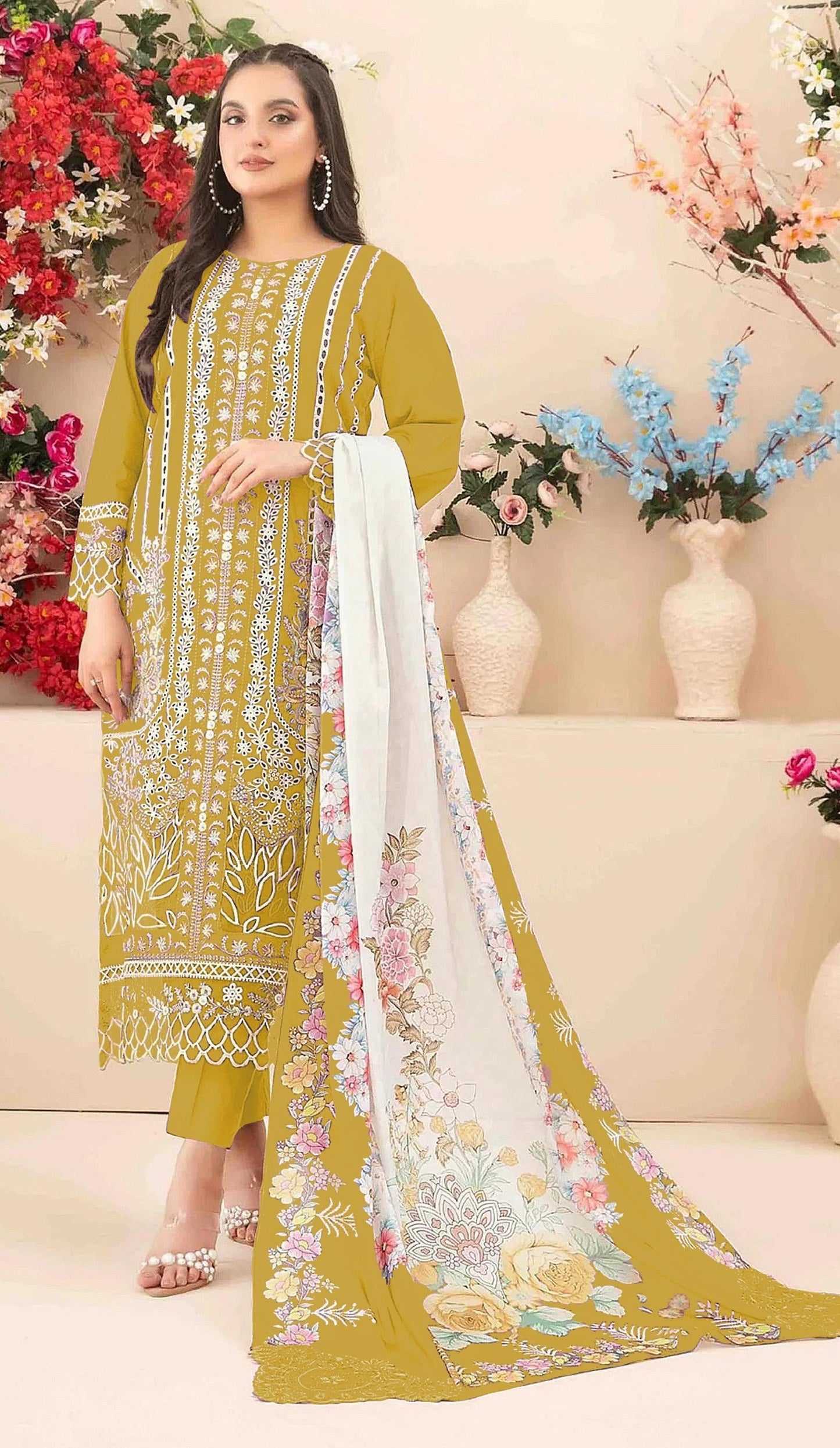 Anaita Yellow Cambric Cotton Suit with Embroidery & Khatli Work