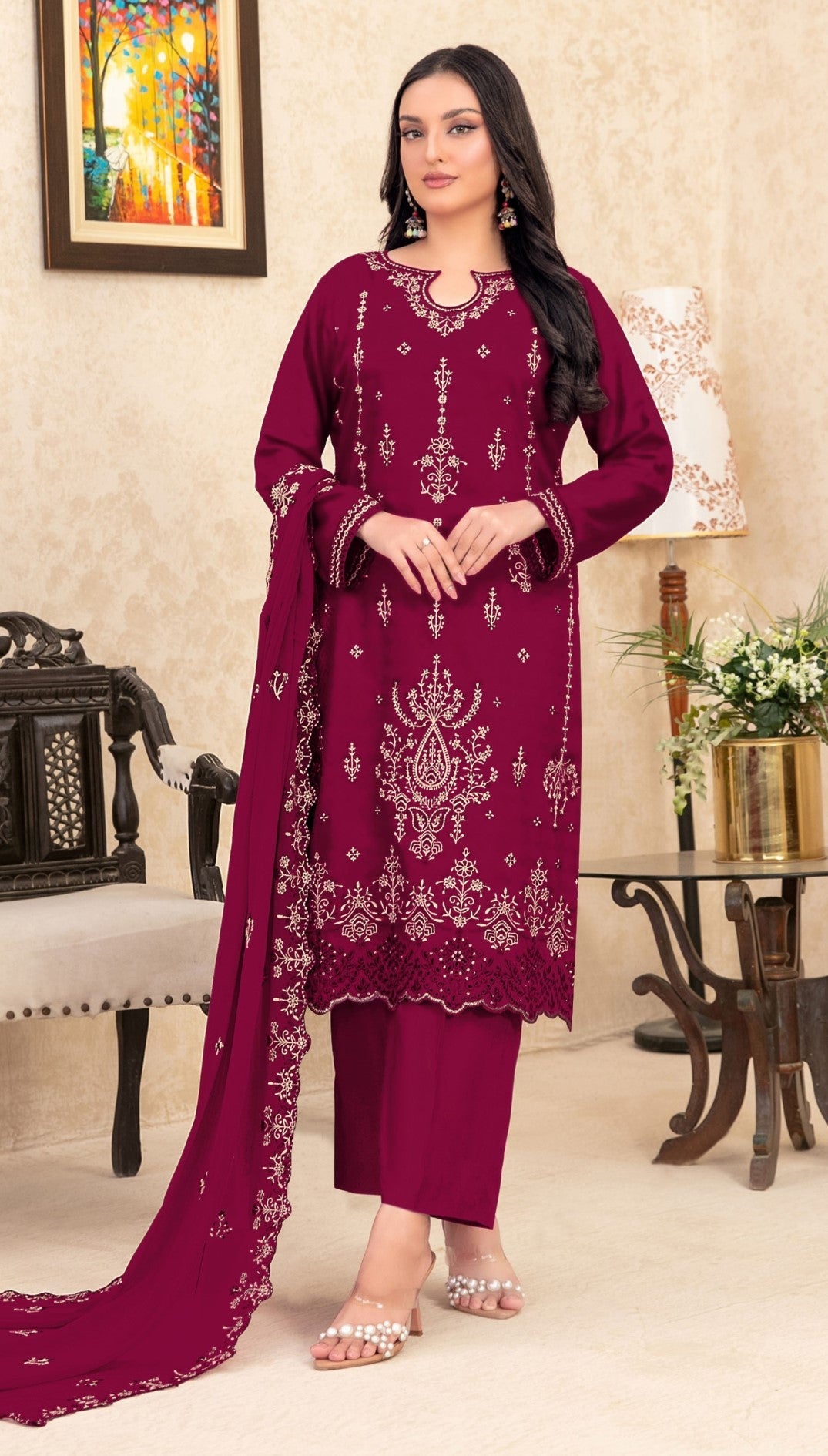 Anaita Red Velvet Suit With Embroidery Sequence Work