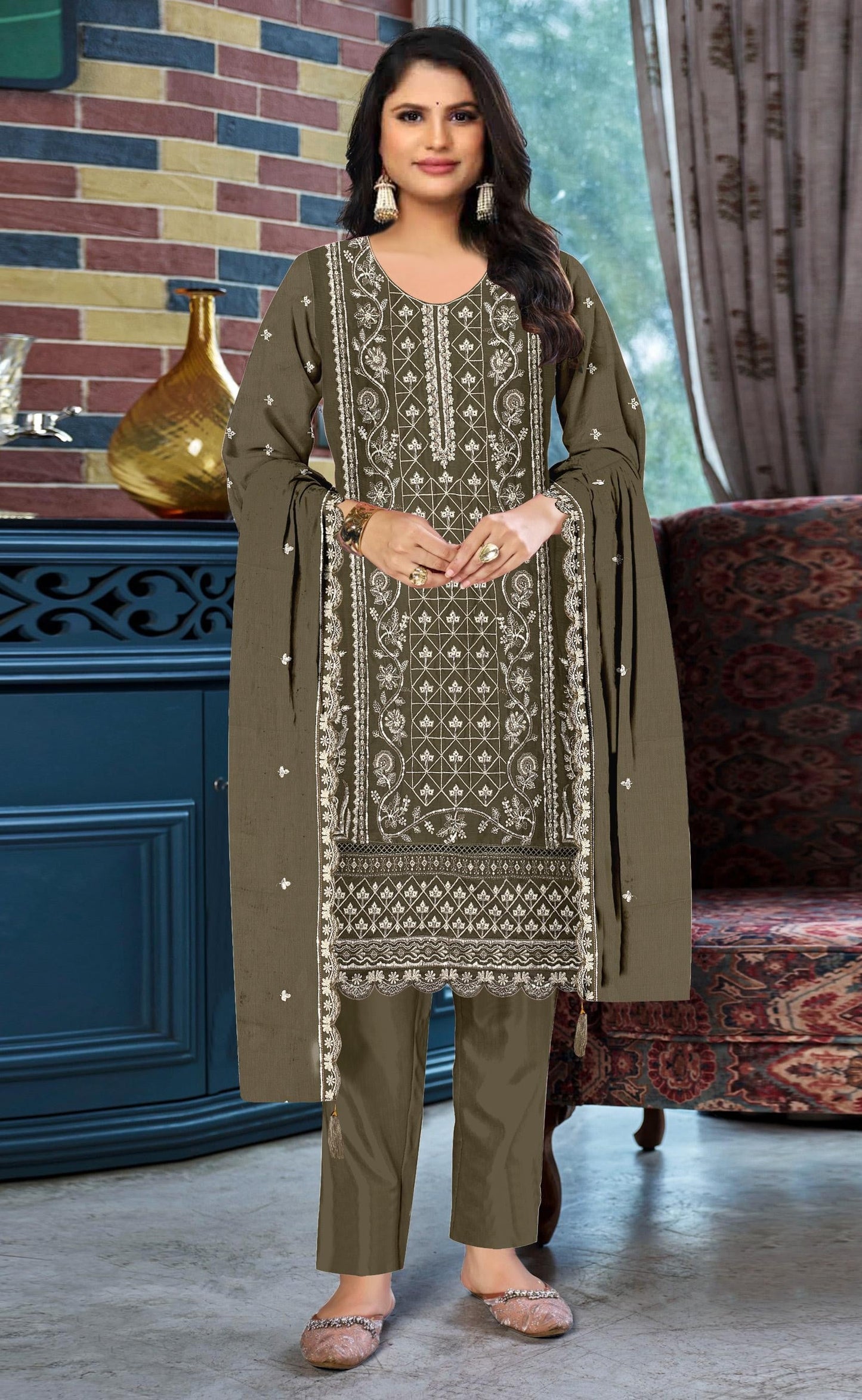 Anaita Mehendi Chiffon Suit with Embroidered & Sequence Work