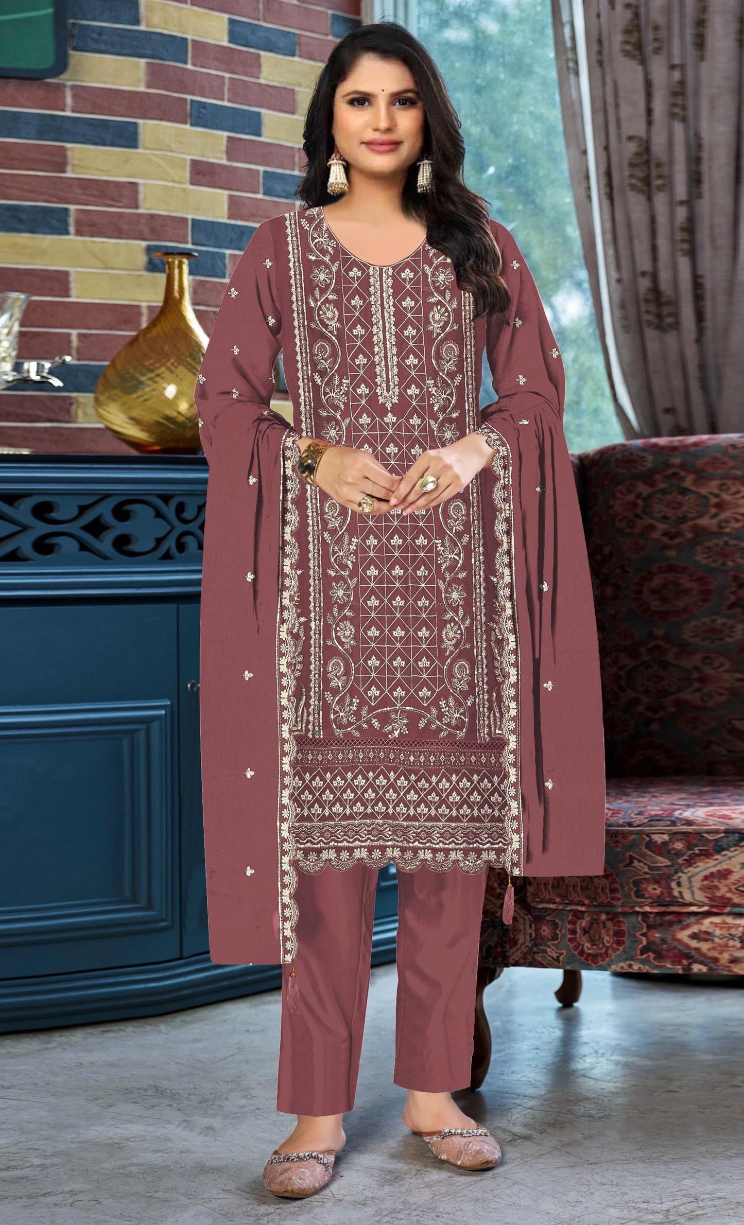 Anaita Peach Chiffon Suit with Embroidered & Sequence Work