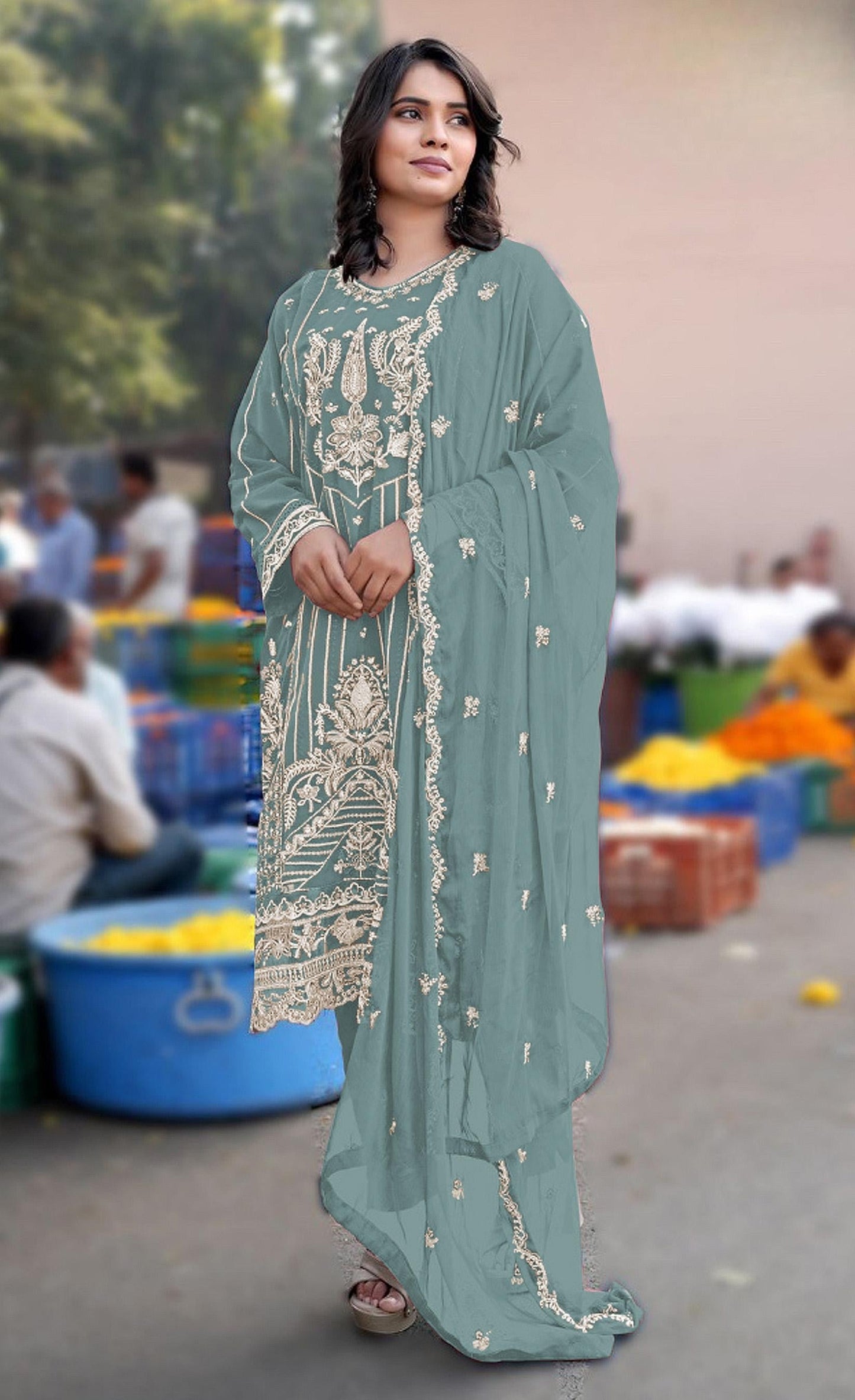 Anaita Turquoise Chiffon Semi Stitched Suit with Embroidery & Sequence Work