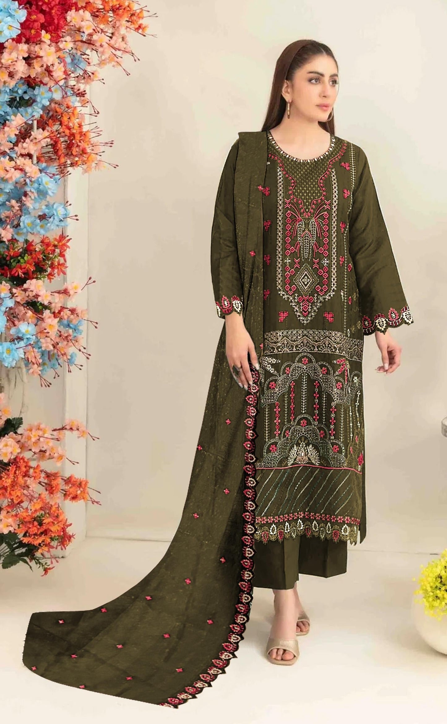 Anaita Mehendi Silk Suit with Embroidered & Sequence Work