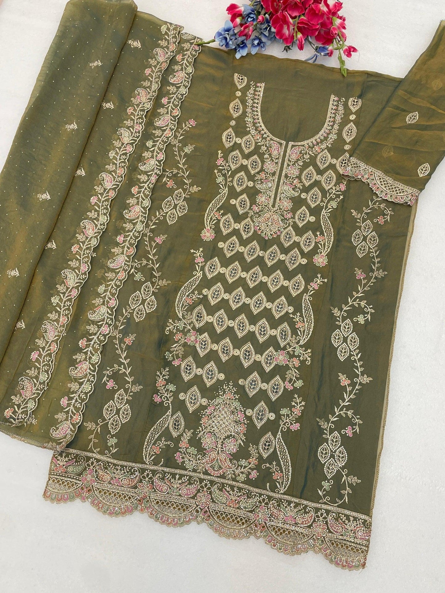 Anaita D Green Silk Suit with Embroidery & Sequence Work