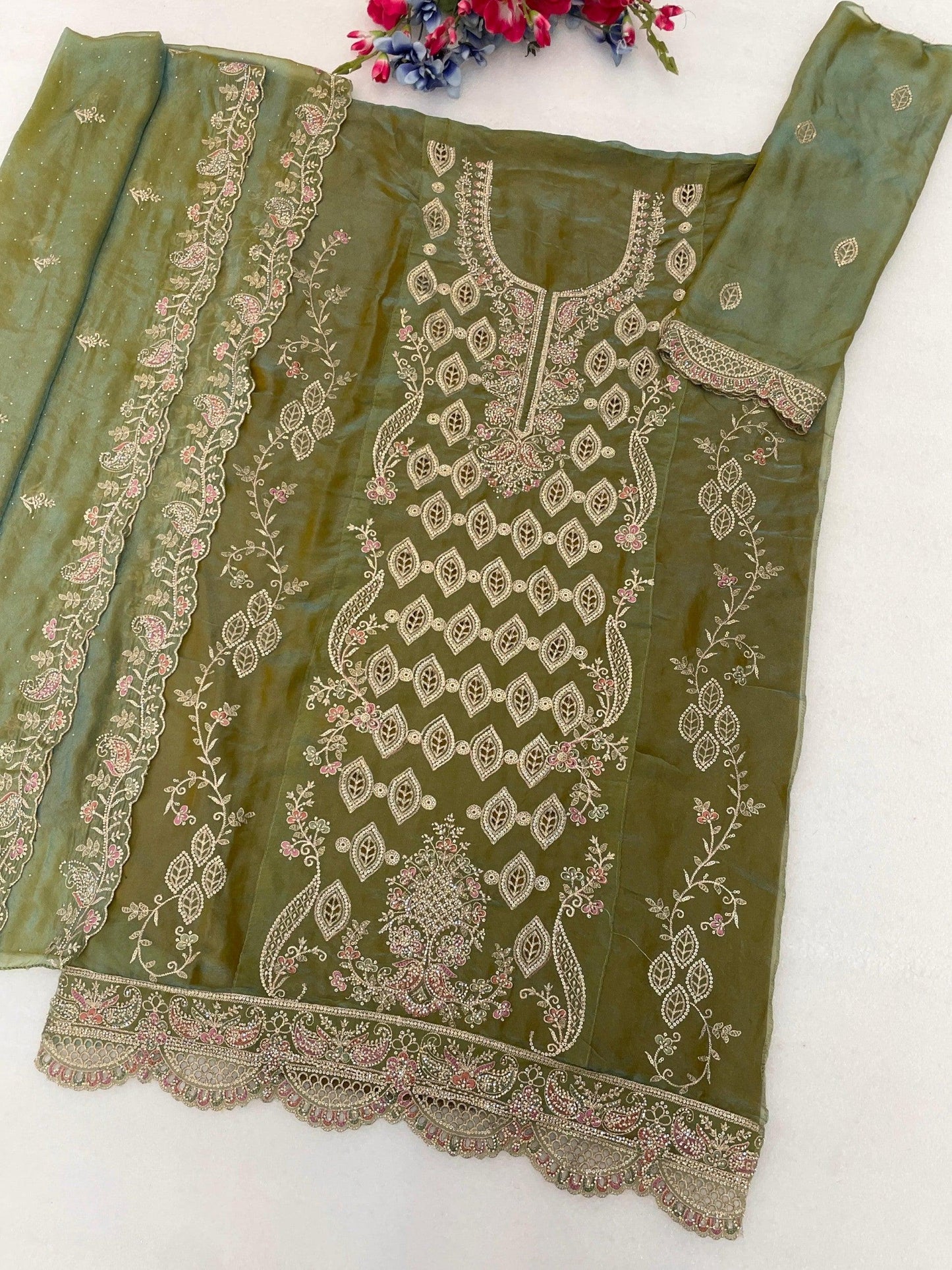 Anaita Mehendi Silk Suit with Embroidery & Sequence Work