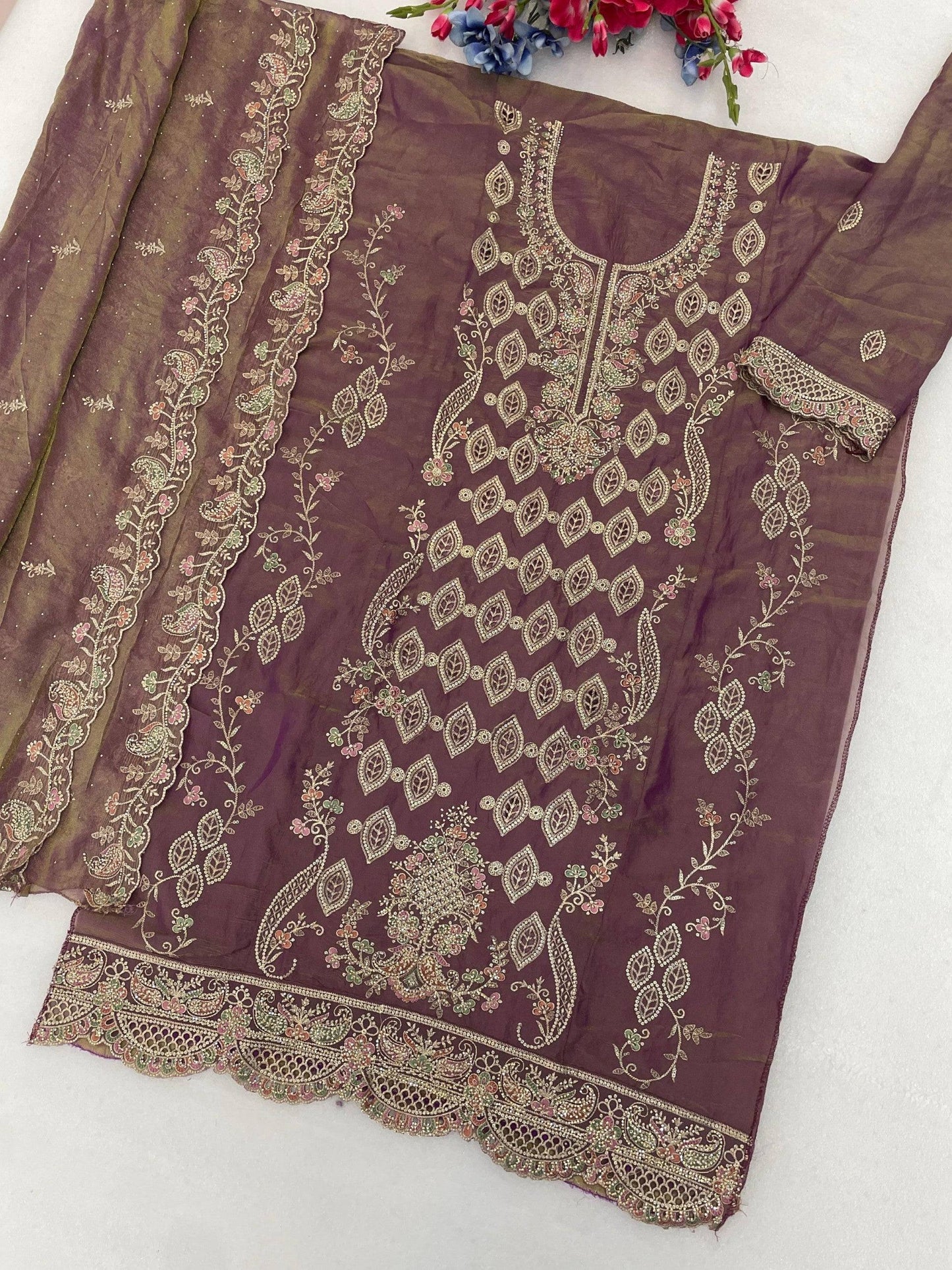 Anaita Purple Silk Suit with Embroidery & Sequence Work