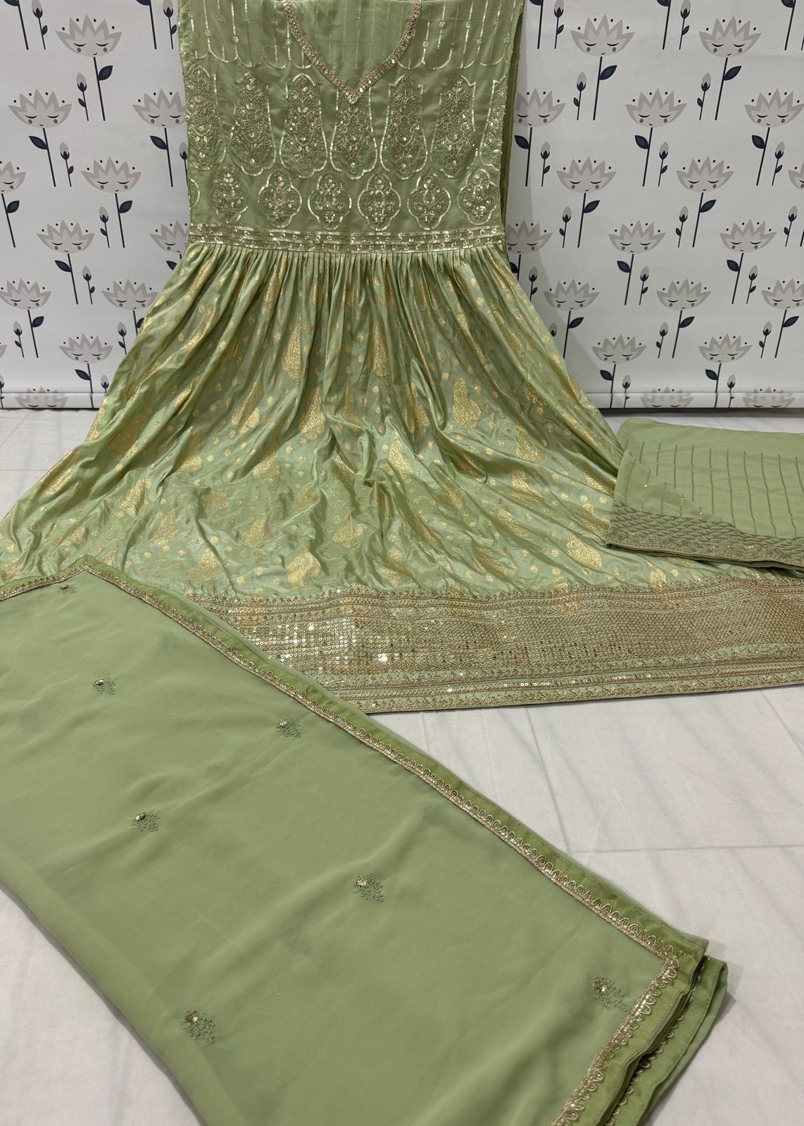 Anaita Mehendi Embroidered Viscose Jacquard Anarkali Suit