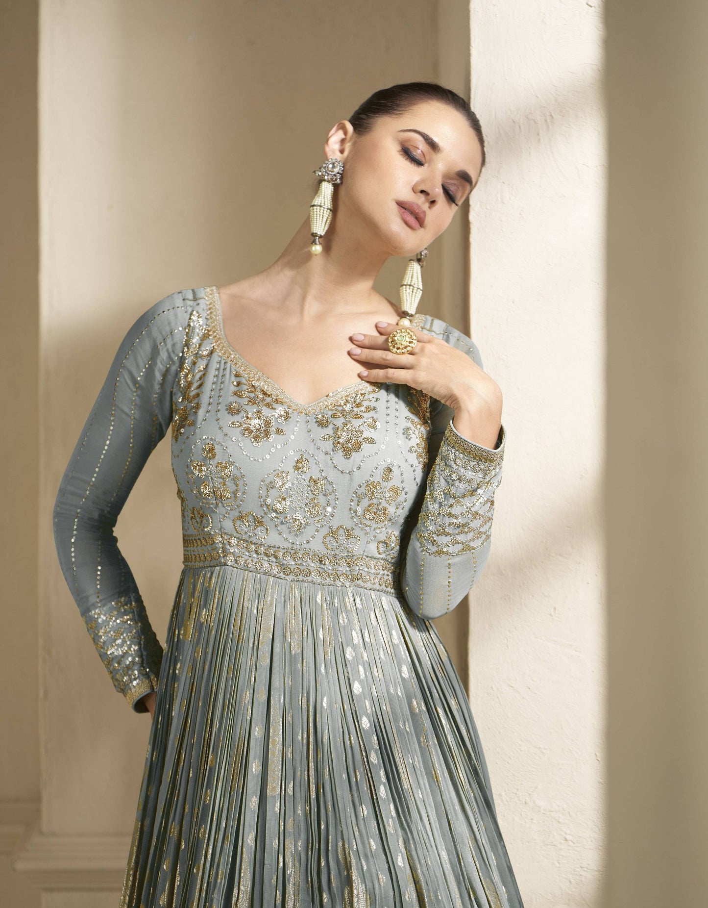 Anaita Grey Embroidered Viscose Jacquard Anarkali Suit