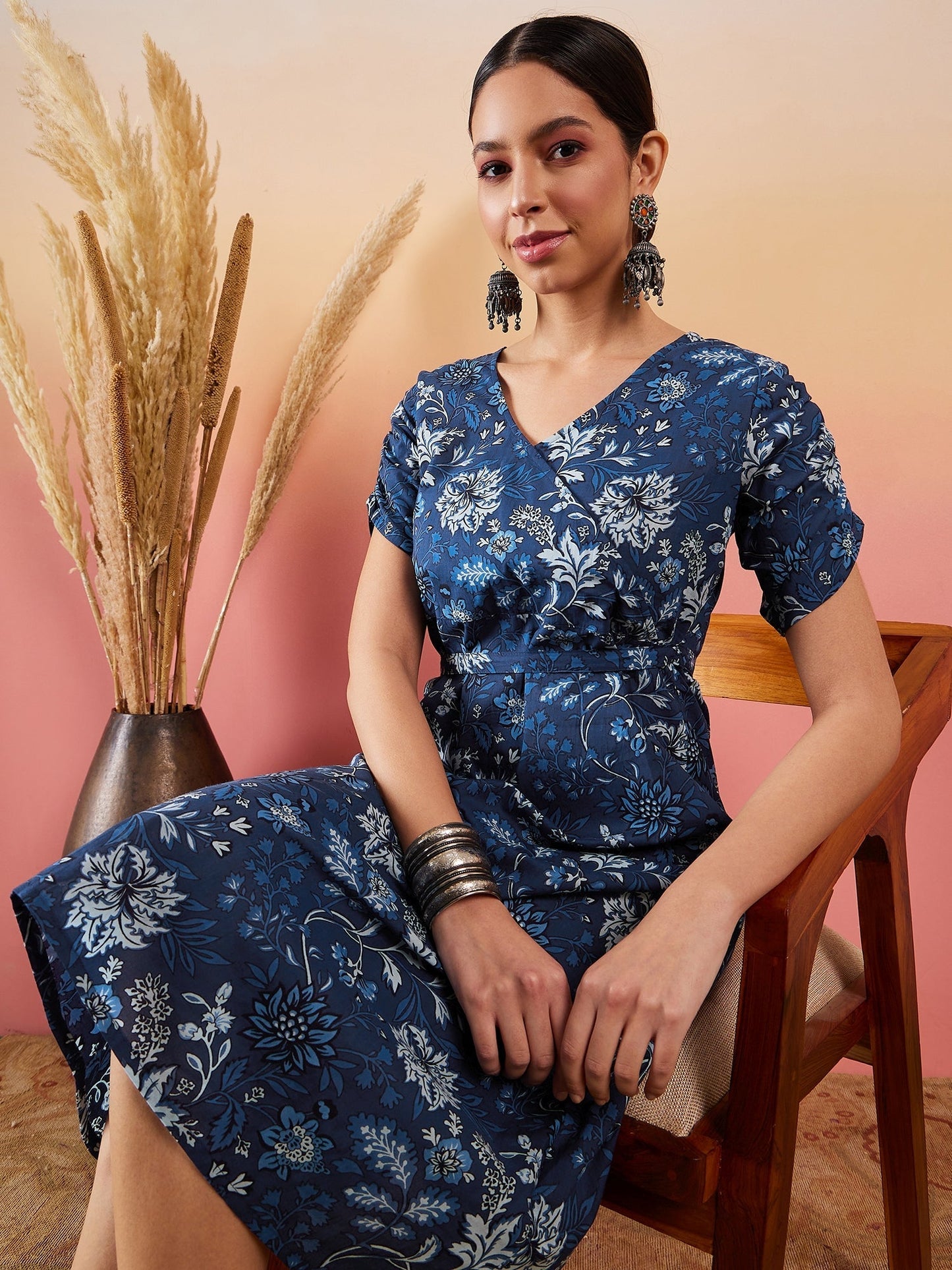 InWeave Indigo Floral Print Angrakha V Neck Belted A Line Dress