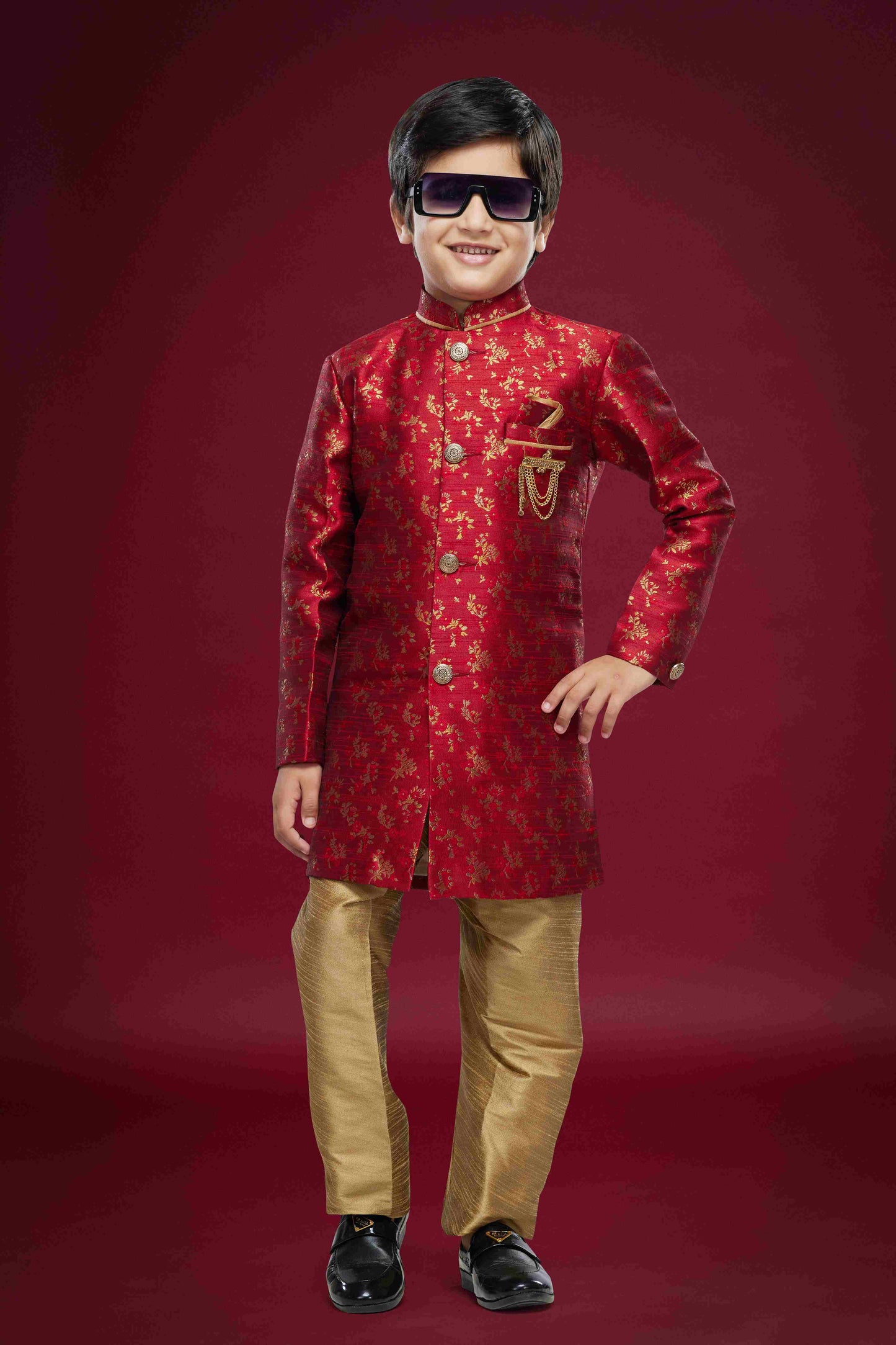 Raivat Ethnic Kids Banarasi Jacquard Woven Work Semi Indo Western Set Maroon Colour