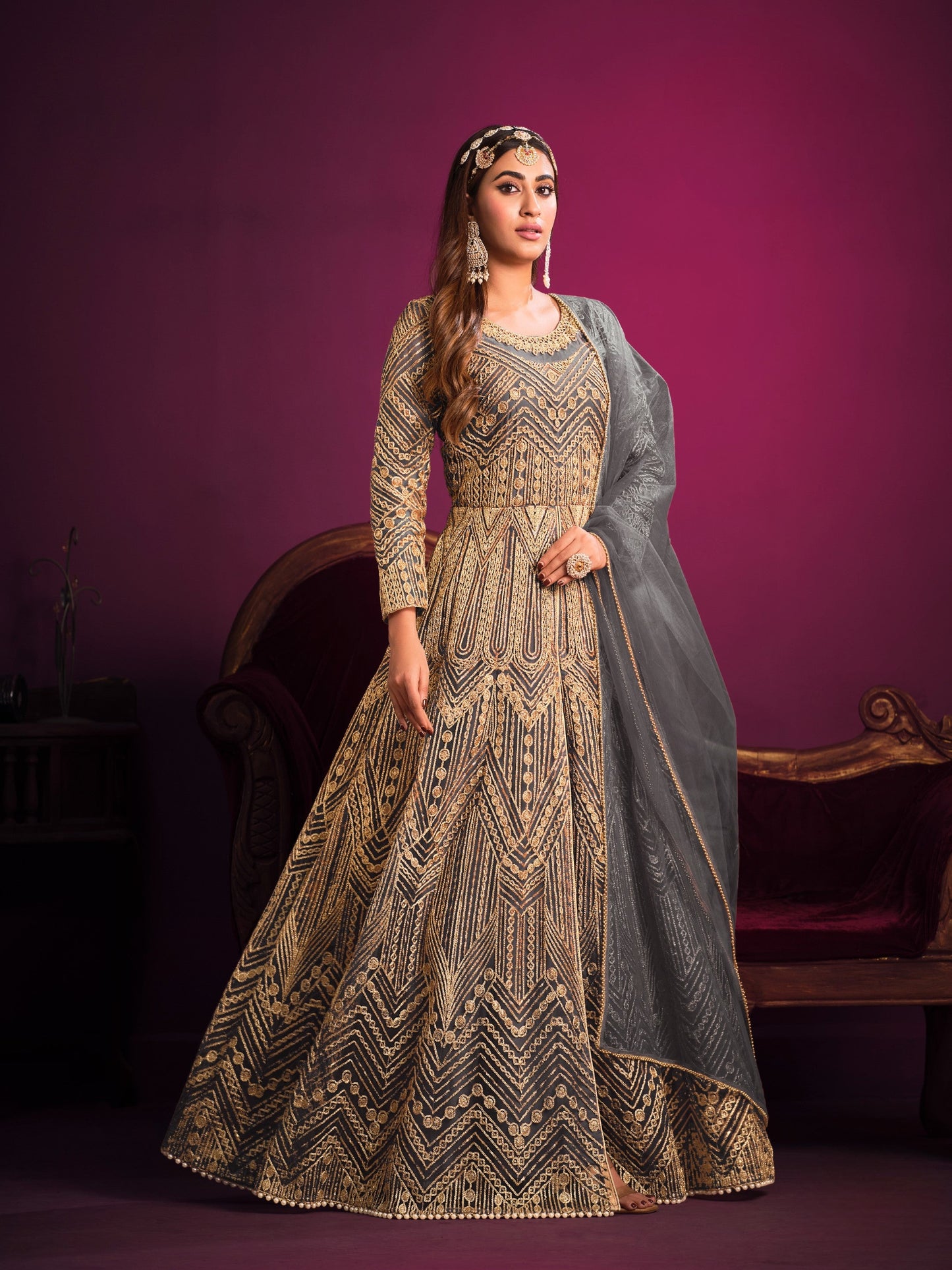 Anaita Grey Embroidered Net Anarkali Suit