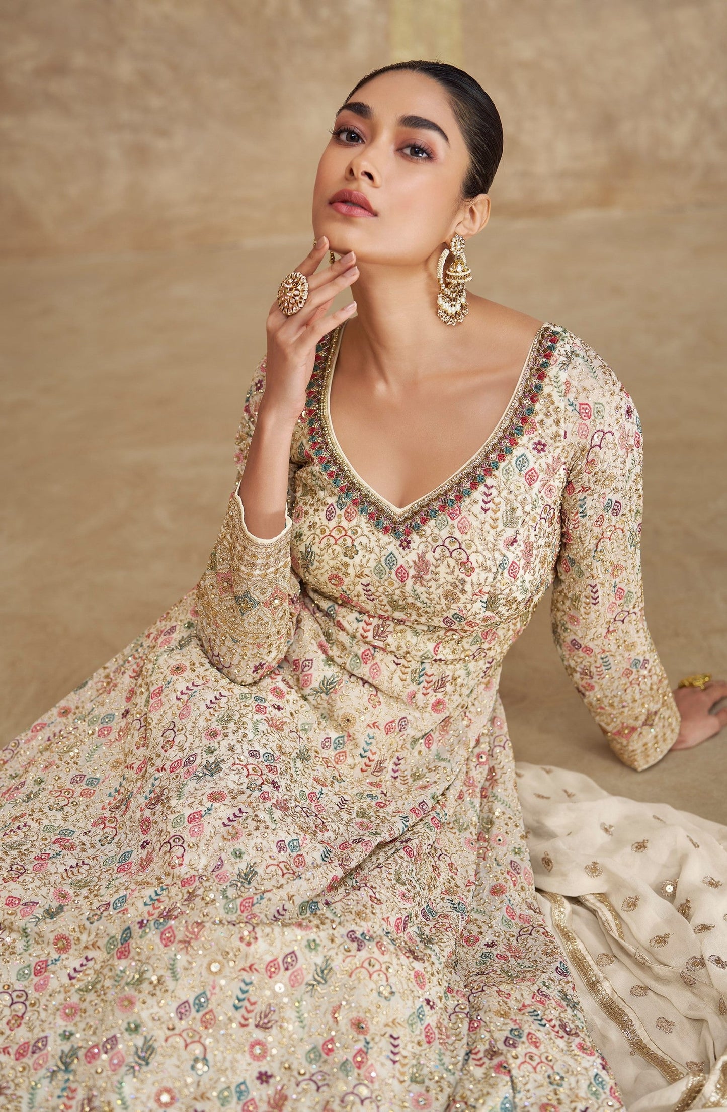 Anaita White Real Georgette Sequins Embroidered Anarkali Salwar Suit