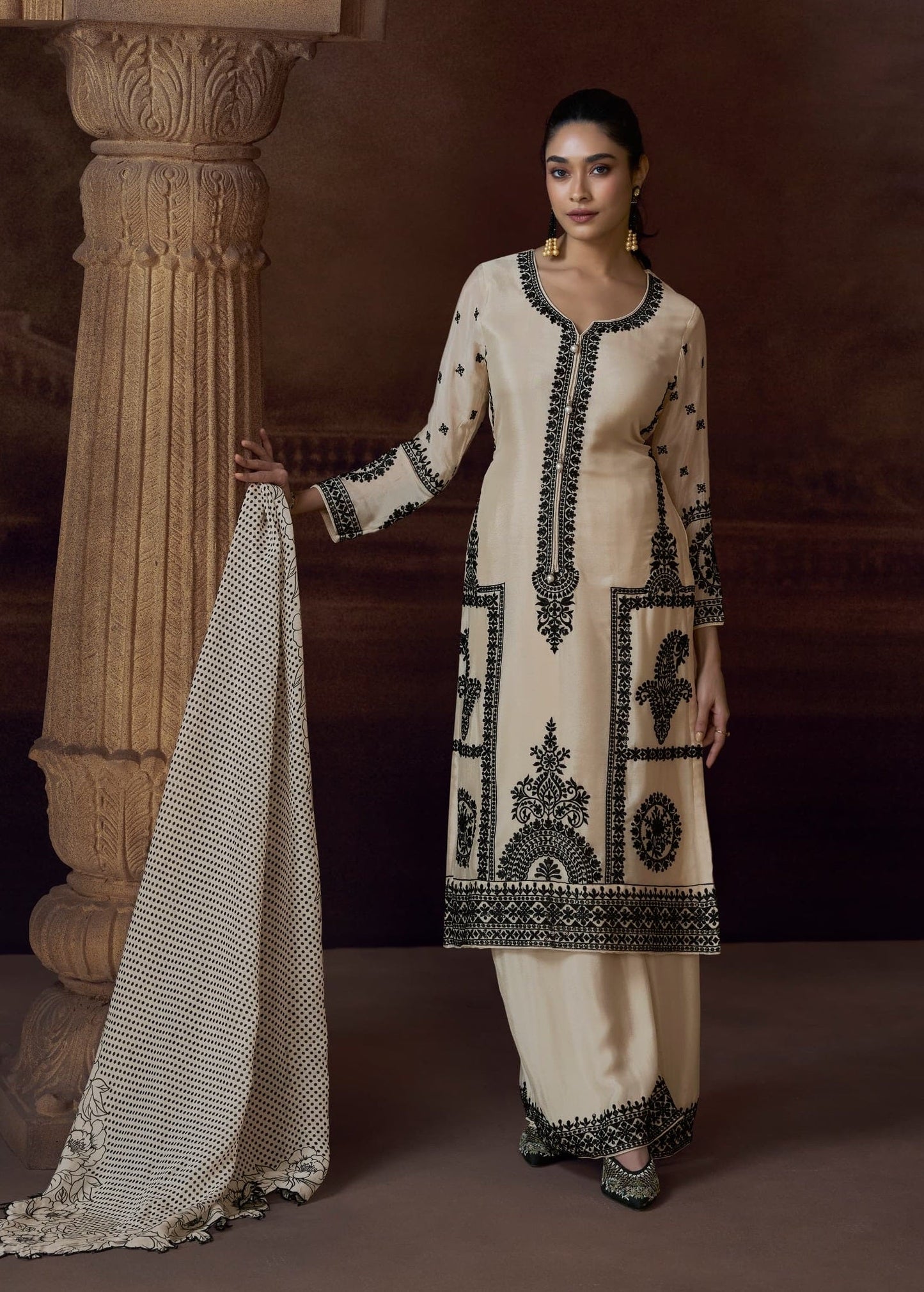 Anaita Beige Heavy Chinon Stitched Salwar Suit With Sequence Embroidery Work