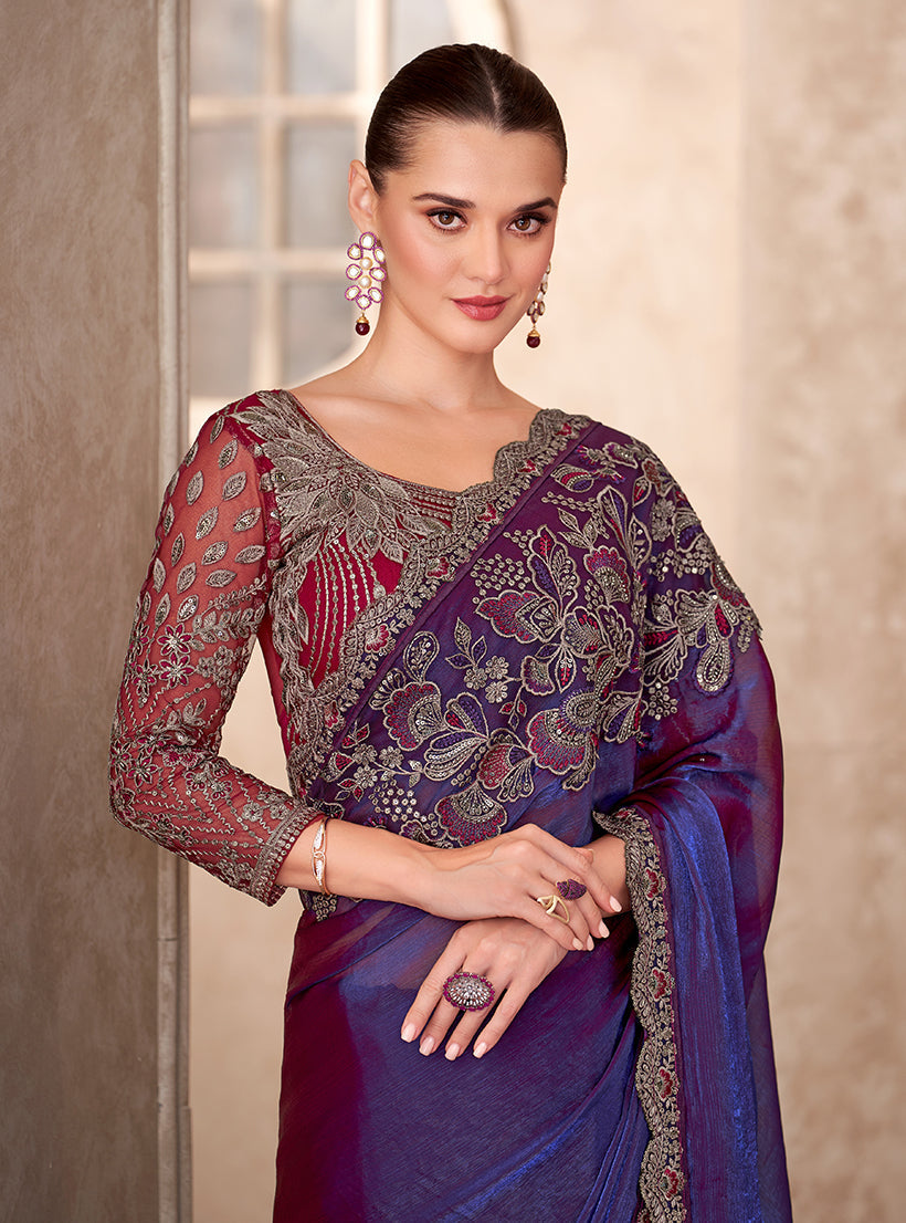 Monjolika Fashion Violet Color Embroidery Work Chiffon Silk Party Wear Saree