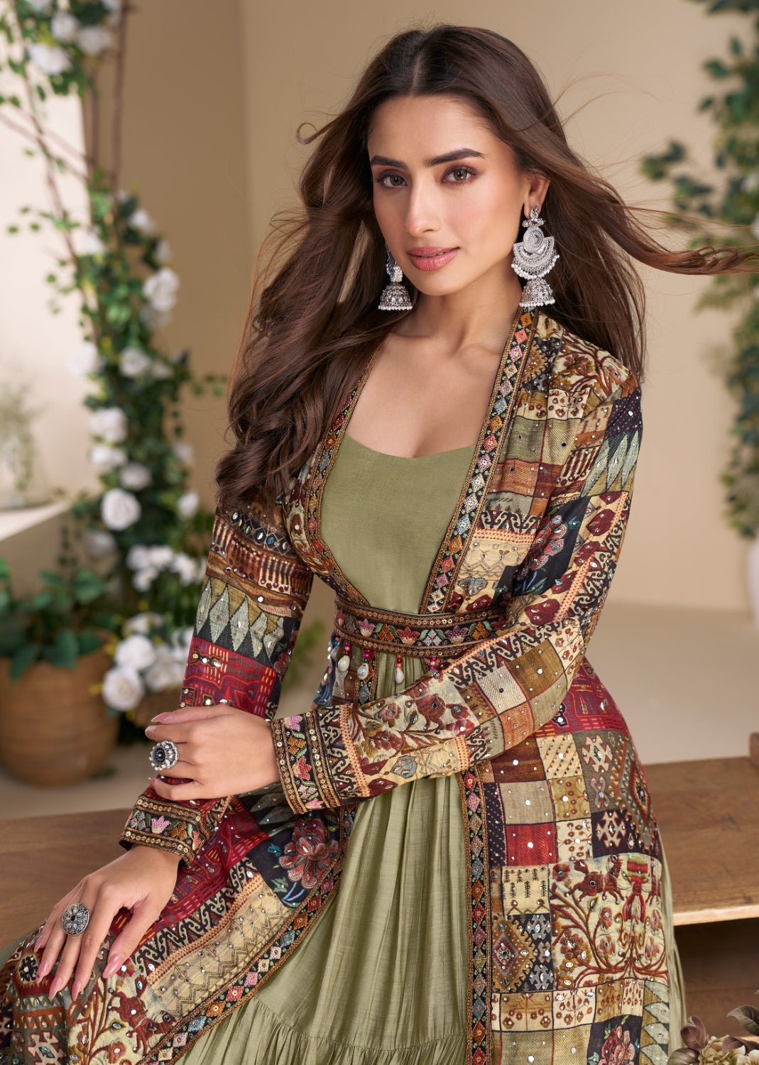 Anaita Olive Heavy Fox Georgette Anarkali Shrug Suit With Silk Print