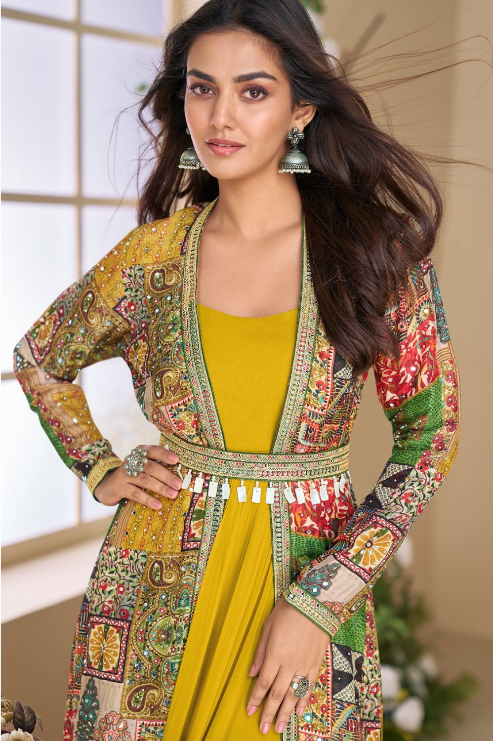 Anaita Yellow Heavy Fox Georgette Anarkali Shrug Suit With Silk Print