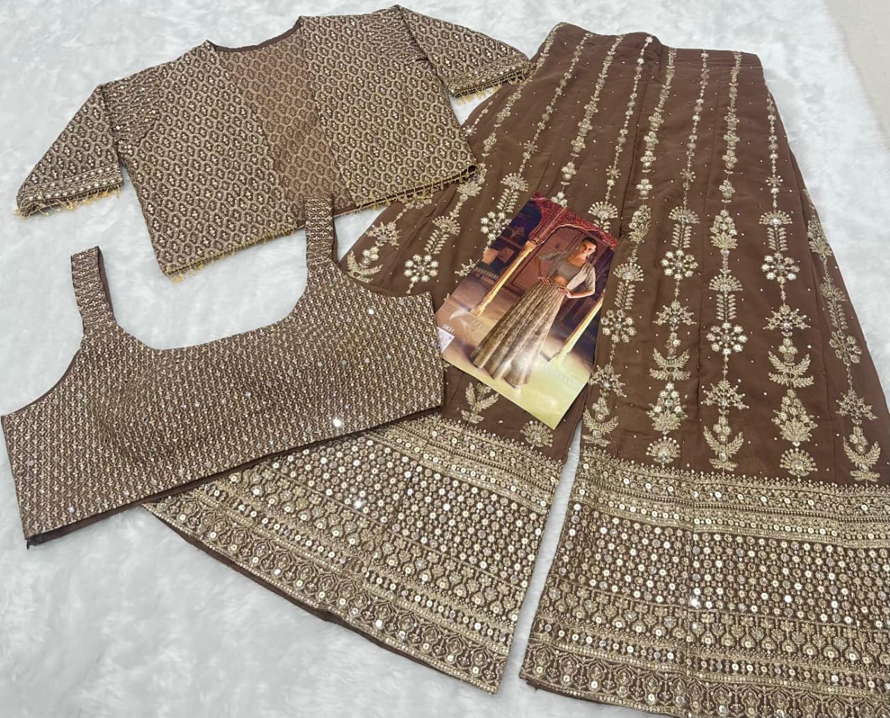 Anaita Brown Georgette Stitched 3 Piece Set With Embroidery Zarkan Work