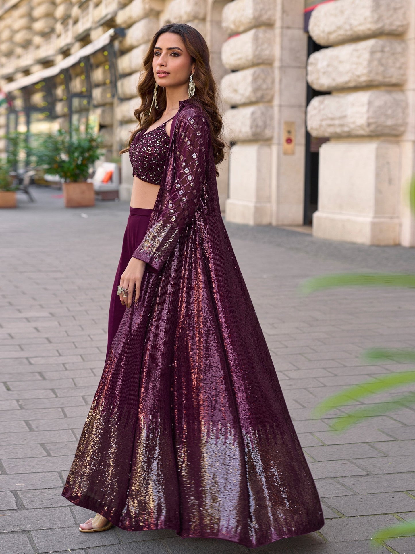 Anaita Purple Georgette Stitched Shrug Suit With Embroidered Sequins Work