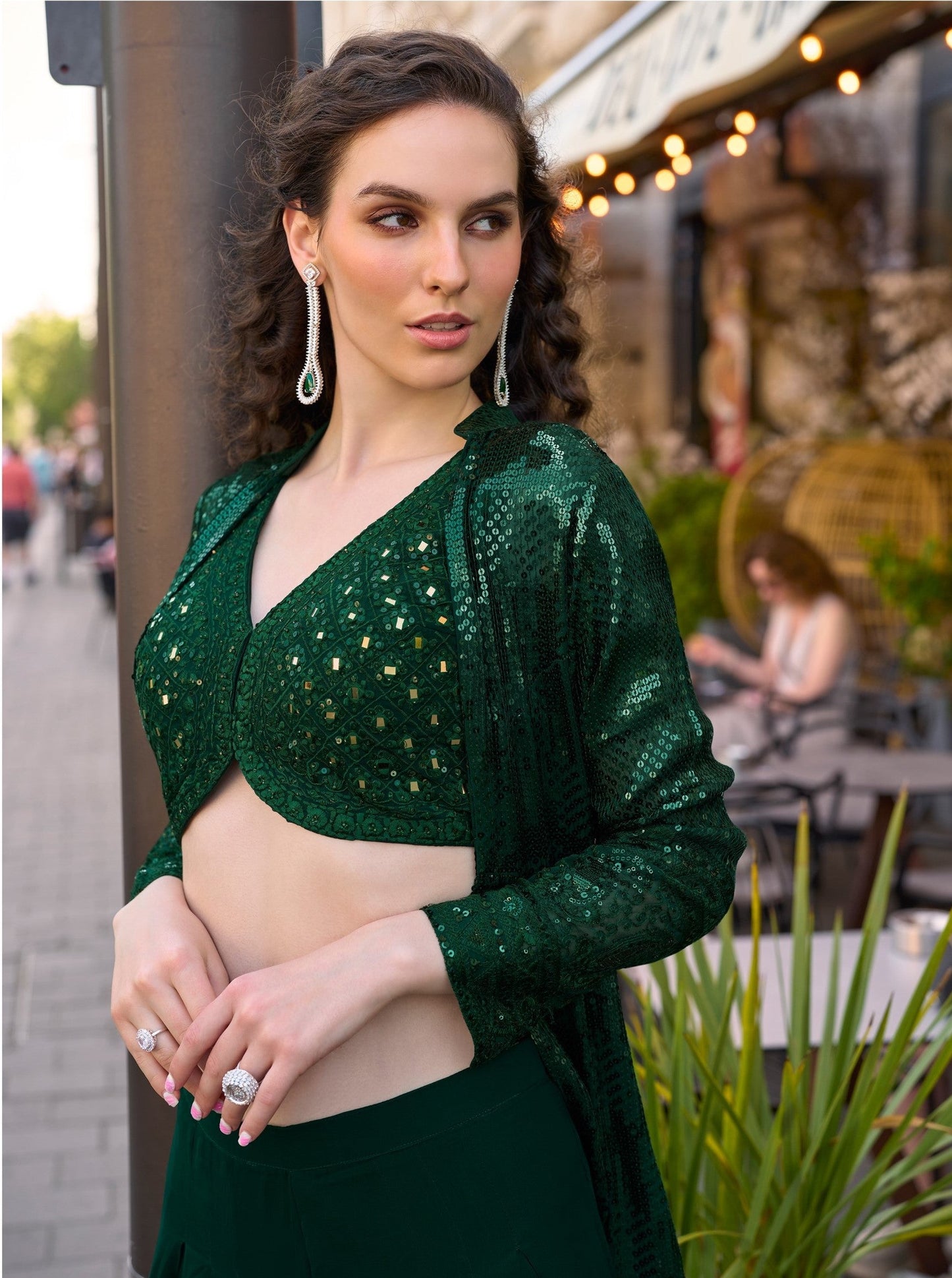 Anaita Dark-Green Georgette Stitched Shrug Suit With Embroidered Sequins Work