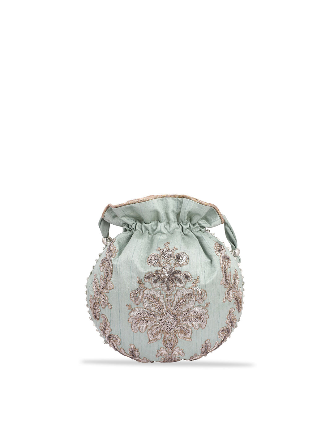 Masq Women Green & Silver-Toned Embellished Potli Clutch
