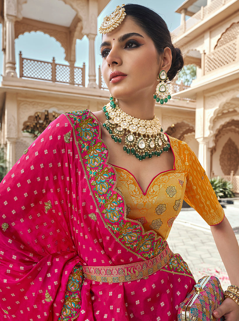 Monjolika Fashion Multicolor Premium Banarasi Silk With Zarkan & Cutwork Wedding Wear Lehenga