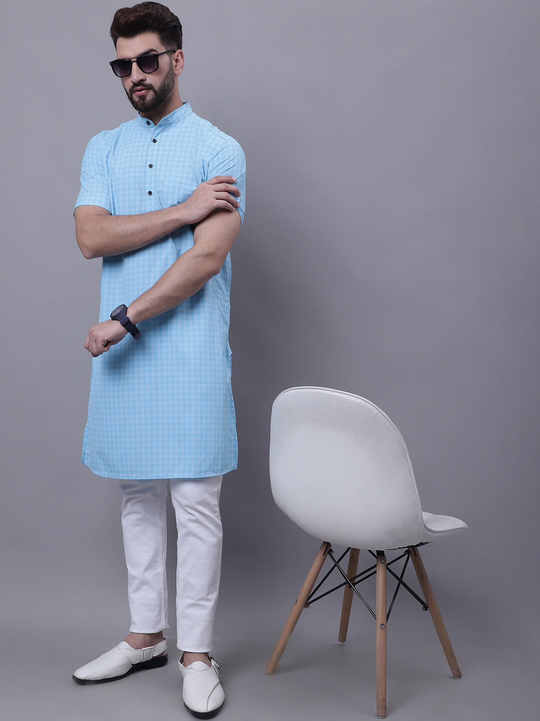 Even Apparels Blue Pure Cotton Short Sleeves Kurta With Band Collar