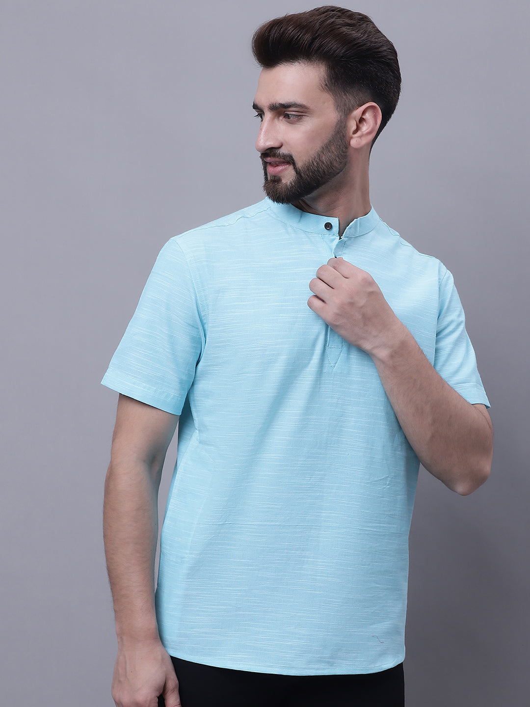 Even Apparels Blue Pure Cotton Short Kurta With Band Collar